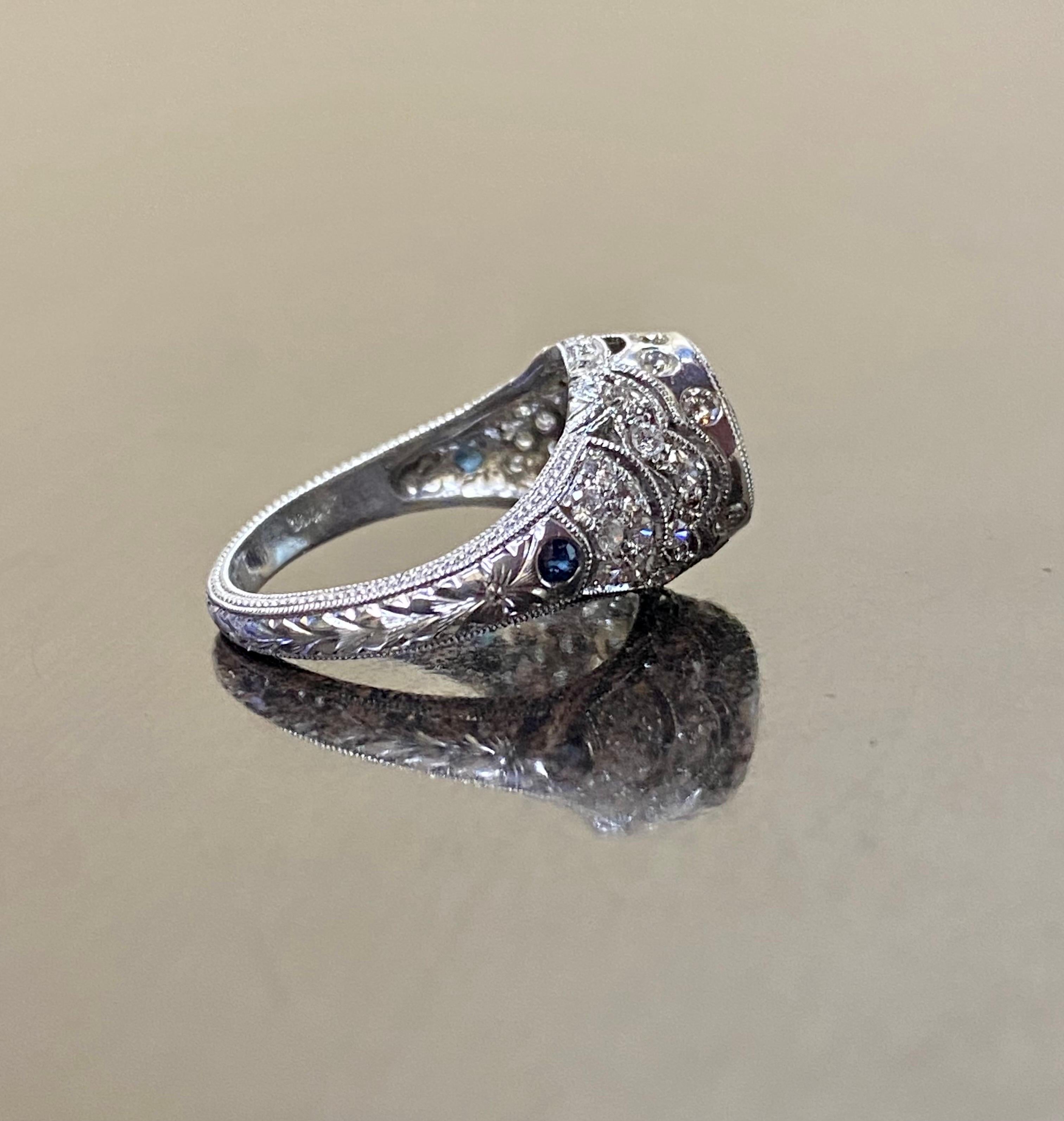 Women's 14K White Gold Hand Engraved 2.25 Round Peacock Sapphire Engagement Ring For Sale