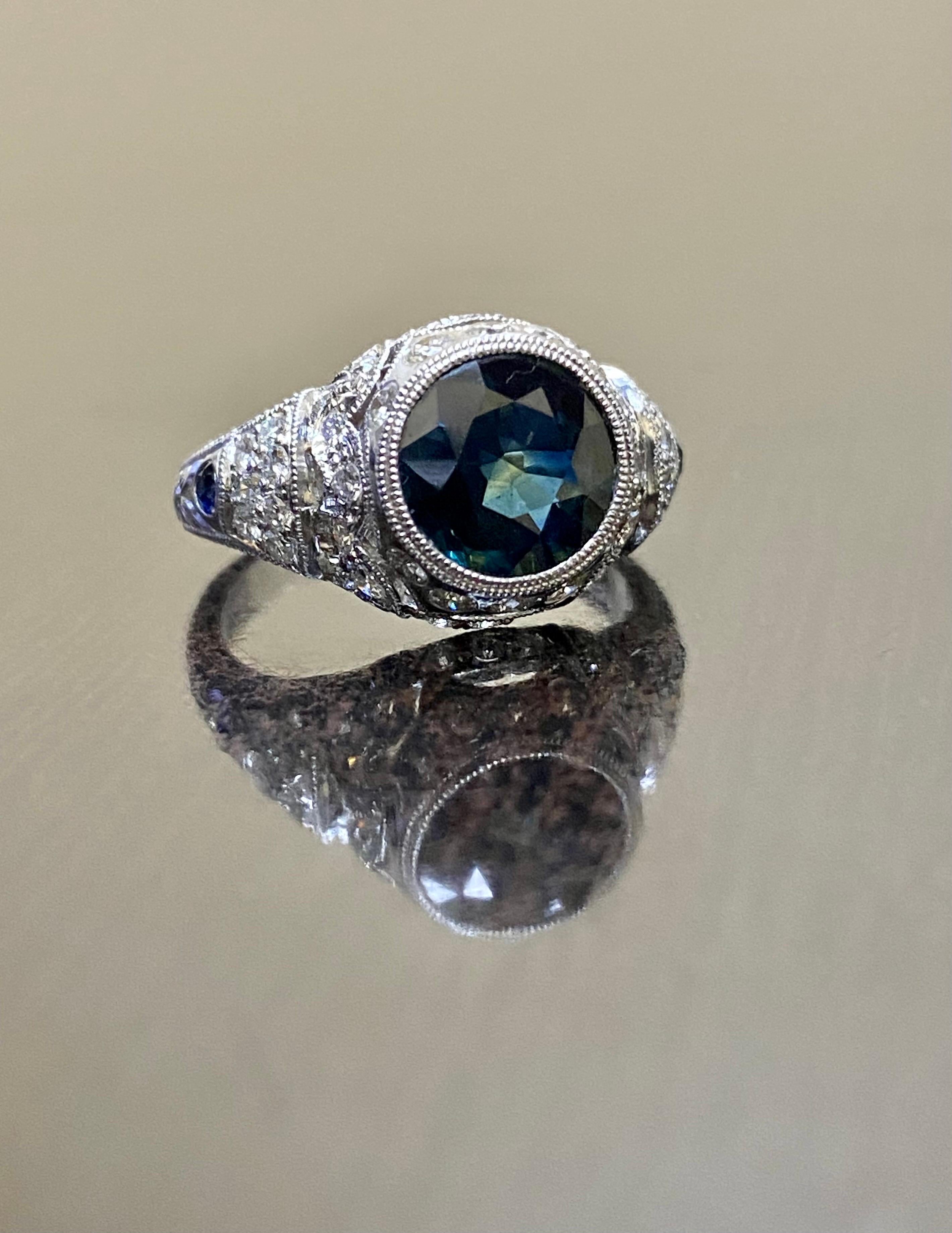 14K White Gold Hand Engraved 2.25 Round Peacock Sapphire Engagement Ring For Sale 1