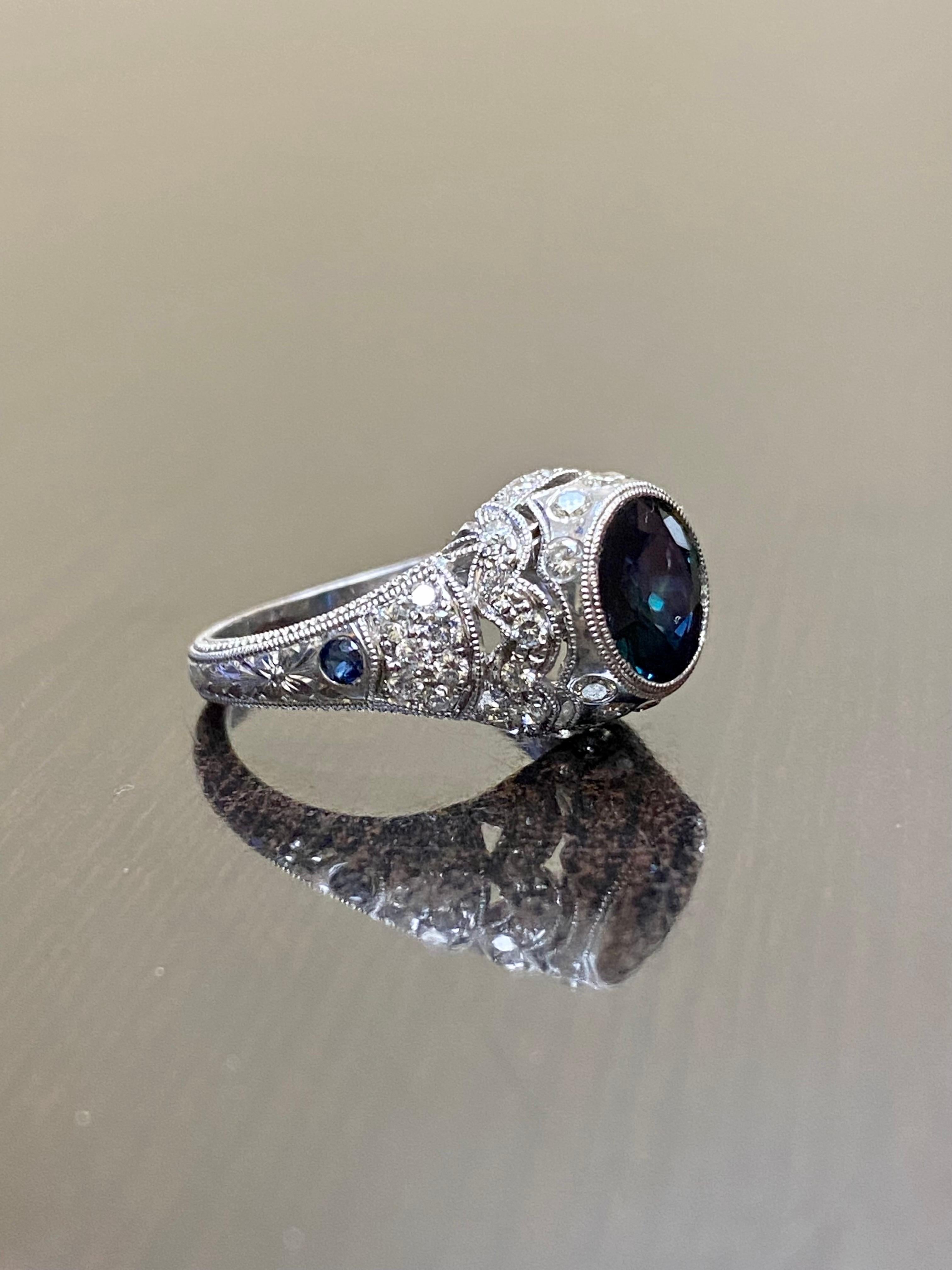 14K White Gold Hand Engraved 2.25 Round Peacock Sapphire Engagement Ring For Sale 2