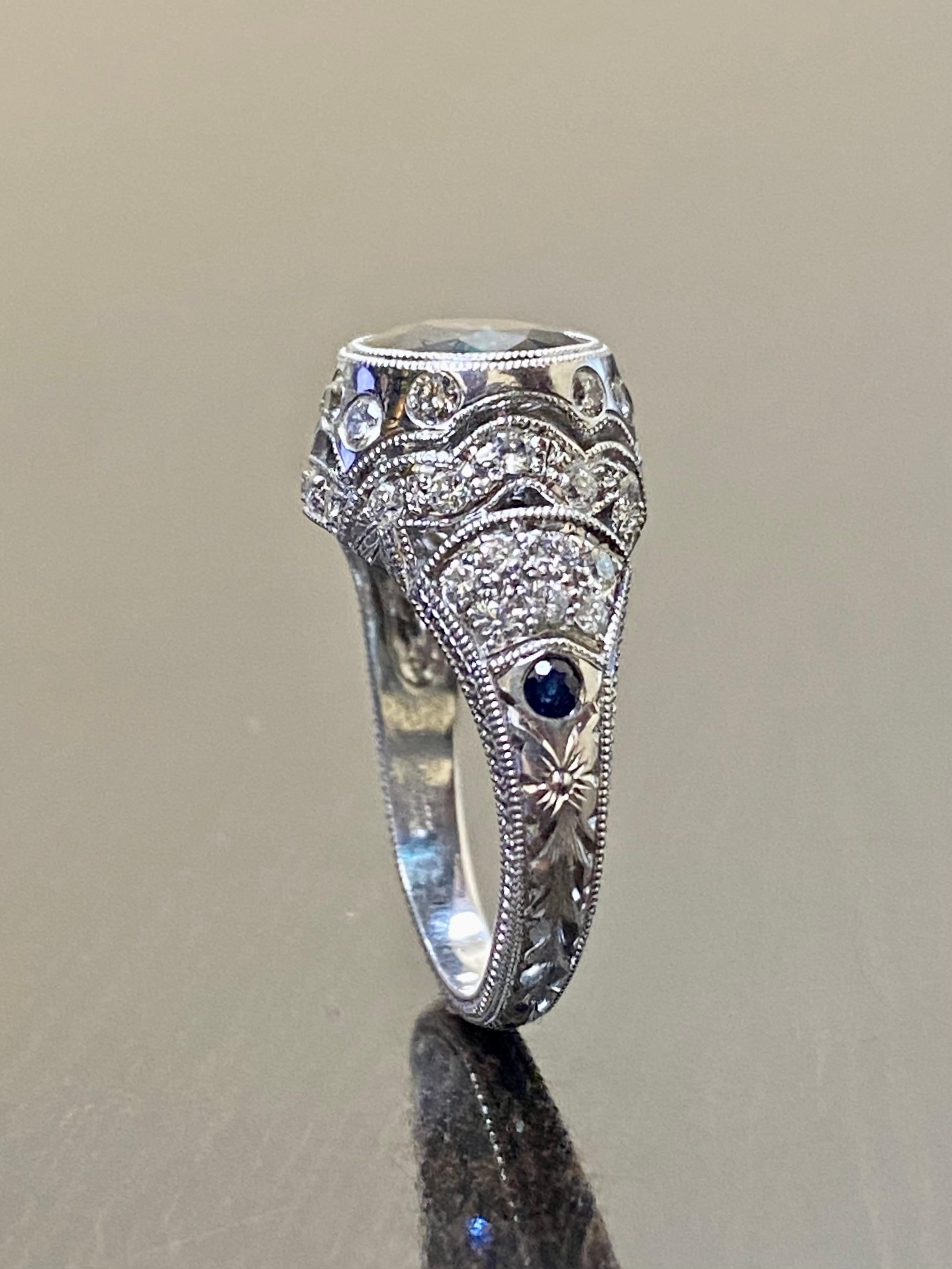 14K White Gold Hand Engraved 2.25 Round Peacock Sapphire Engagement Ring For Sale 3
