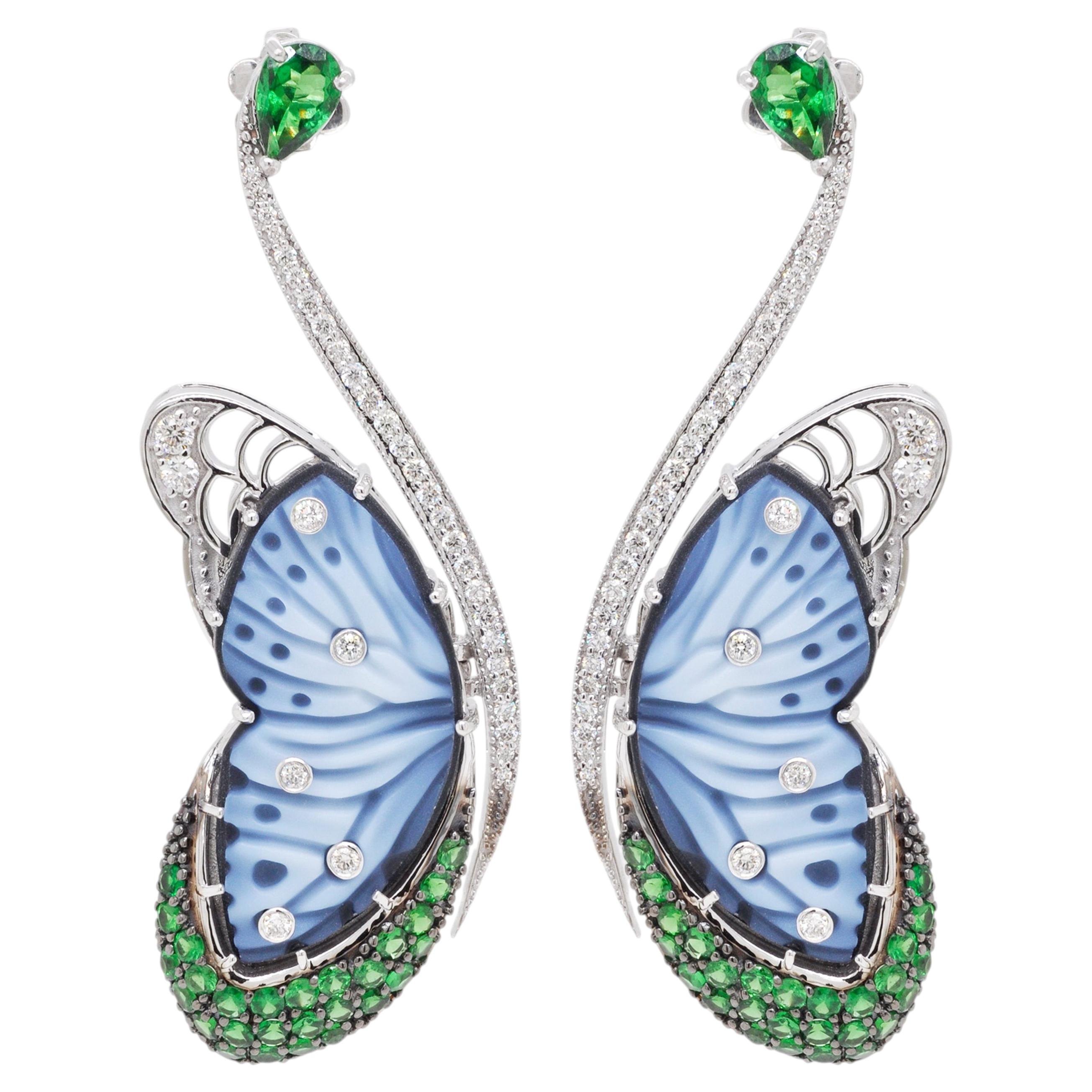 14K White Gold Hand-Engraved Agate Butterfly Tsavorite Diamond Earrings