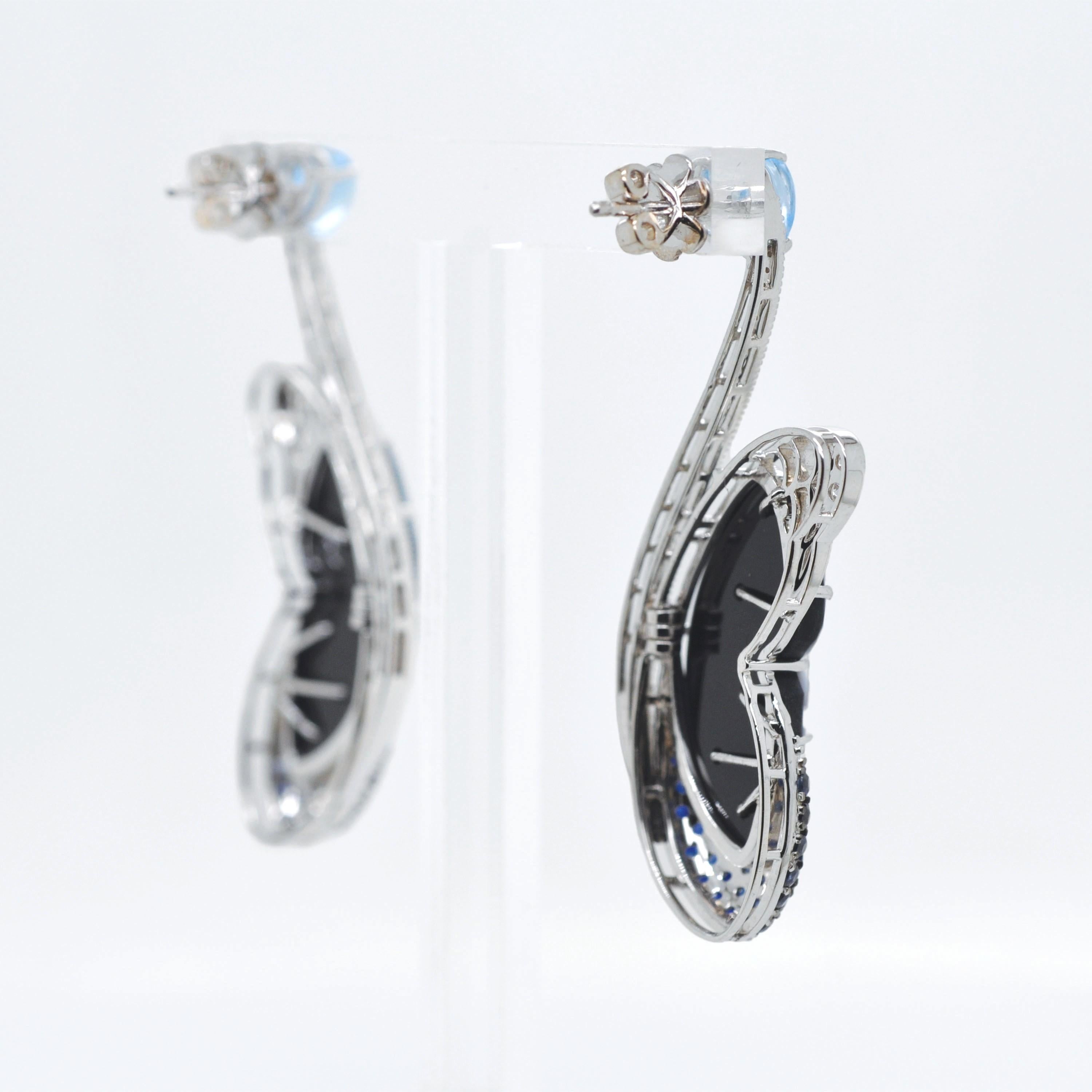 14K White Gold Hand-Engraved Butterfly Topaz Blue Sapphire Diamond Earrings For Sale 4