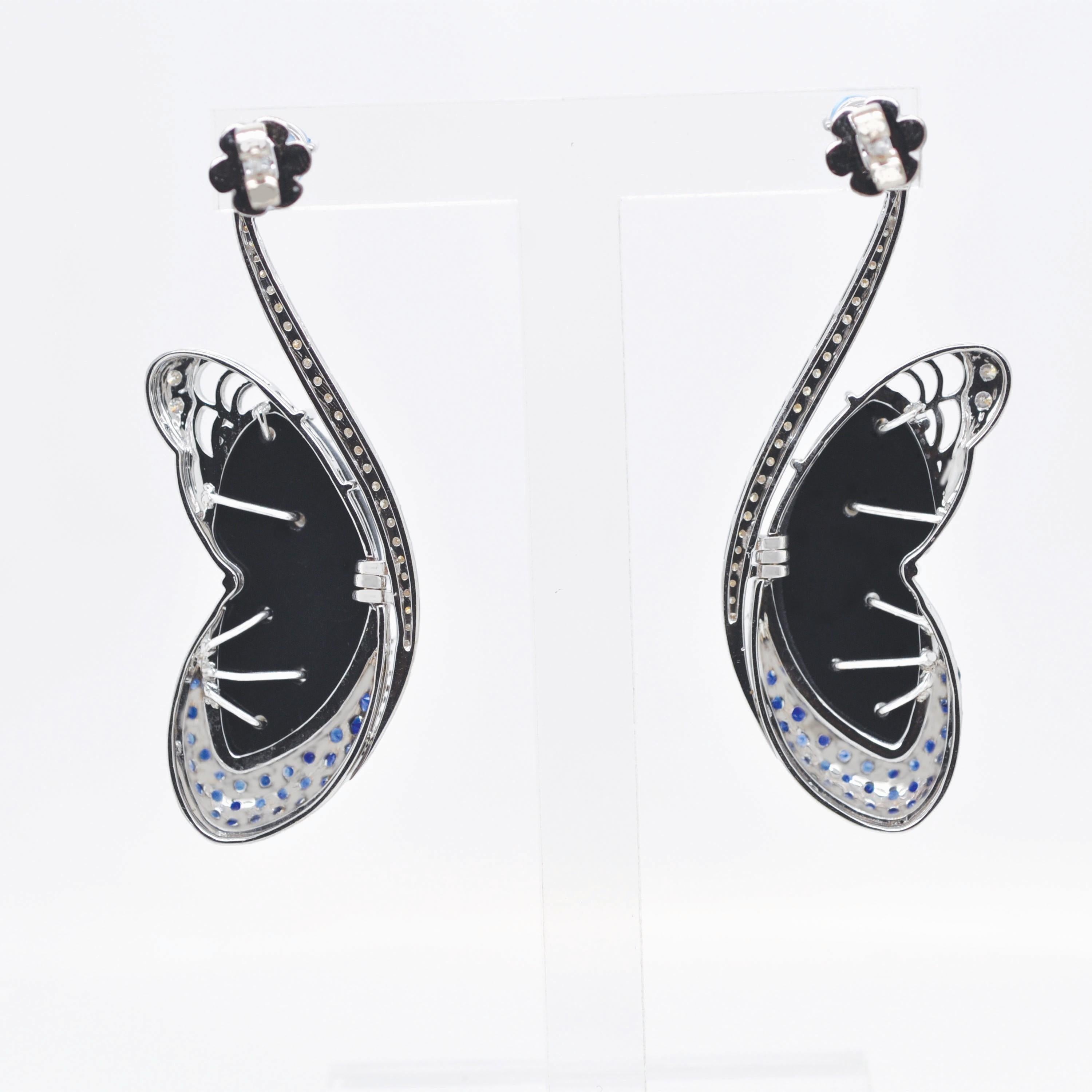 14K White Gold Hand-Engraved Butterfly Topaz Blue Sapphire Diamond Earrings For Sale 5