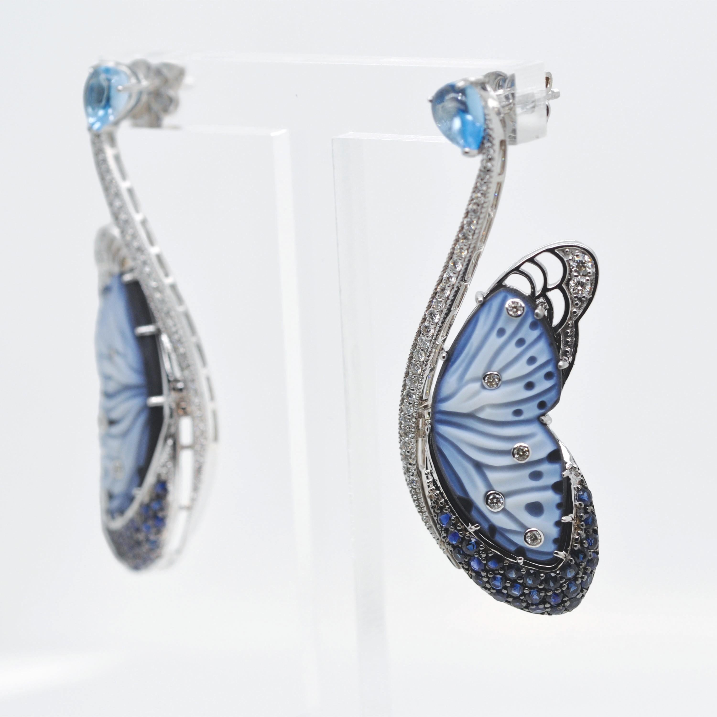 14K White Gold Hand-Engraved Butterfly Topaz Blue Sapphire Diamond Earrings For Sale 6