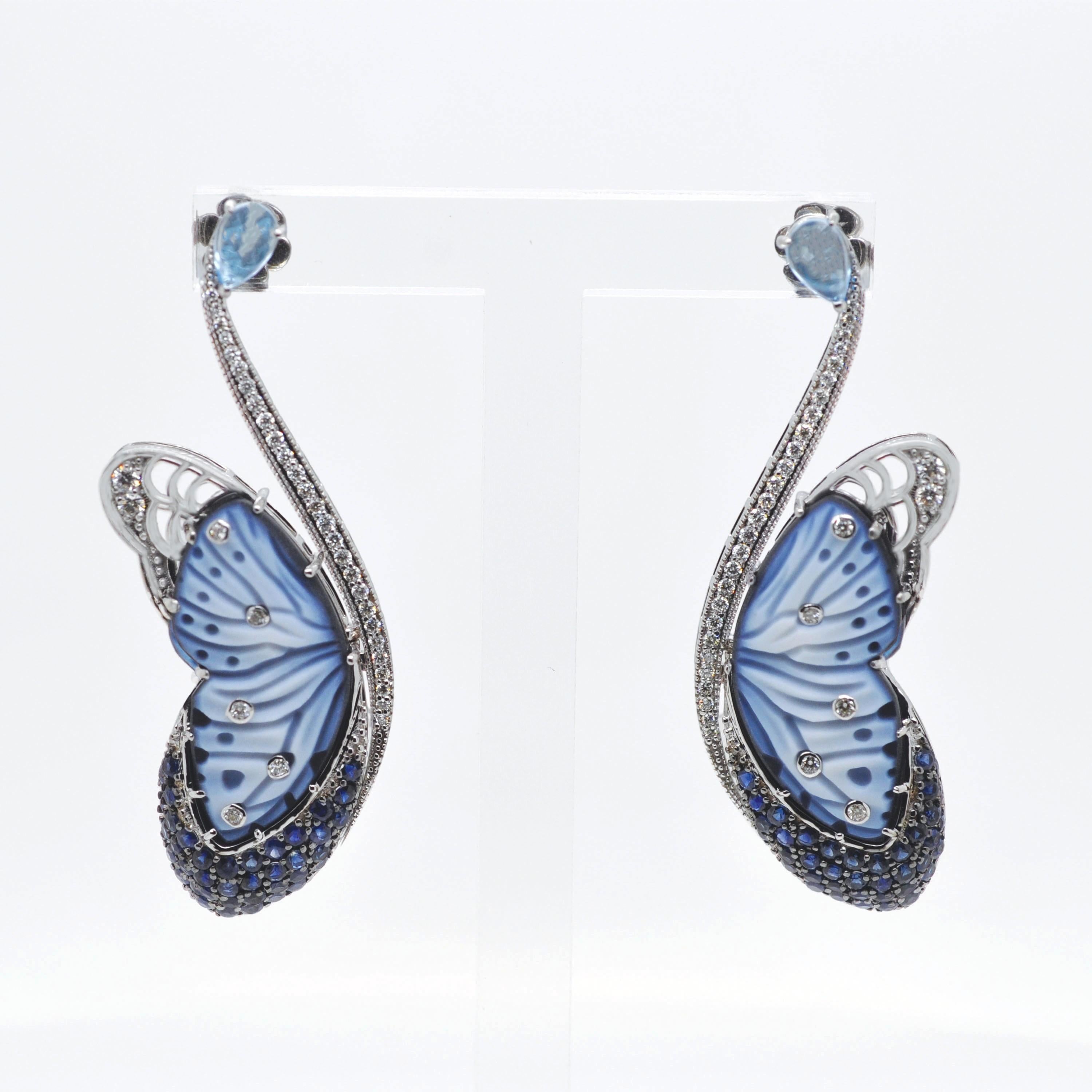 14K White Gold Hand-Engraved Butterfly Topaz Blue Sapphire Diamond Earrings For Sale 7