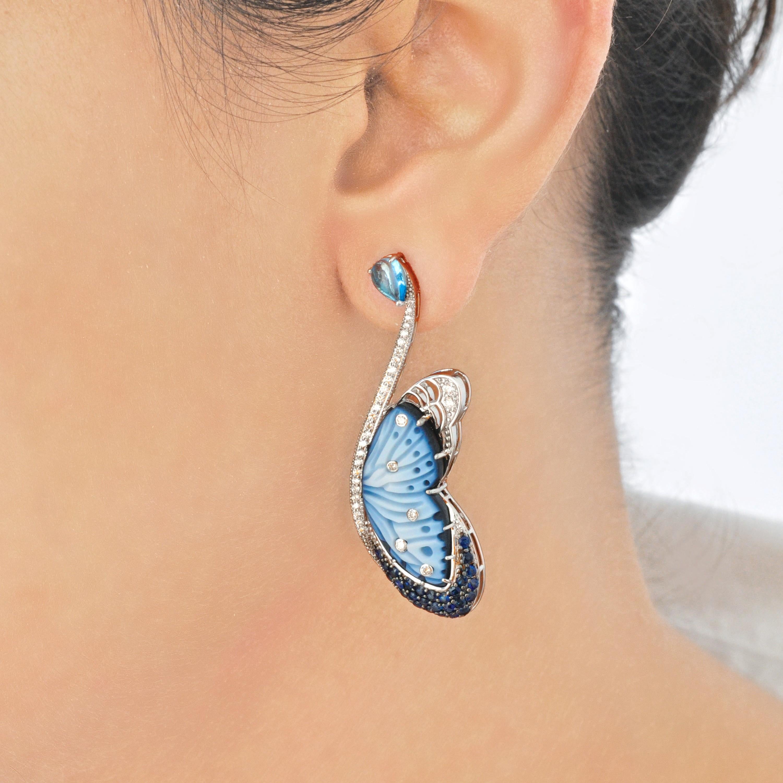 14K White Gold Hand-Engraved Butterfly Topaz Blue Sapphire Diamond Earrings For Sale 8