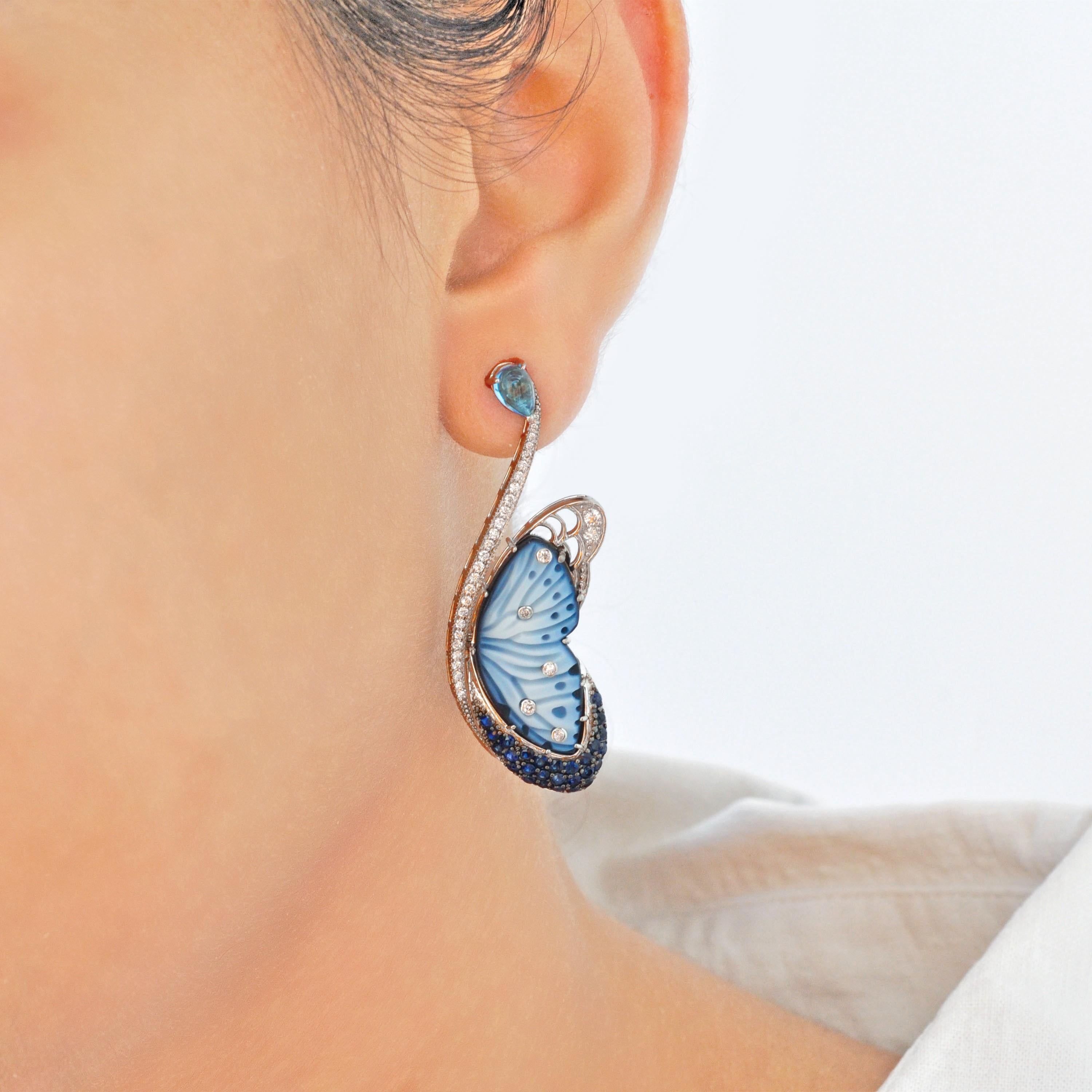 14K White Gold Hand-Engraved Butterfly Topaz Blue Sapphire Diamond Earrings For Sale 9