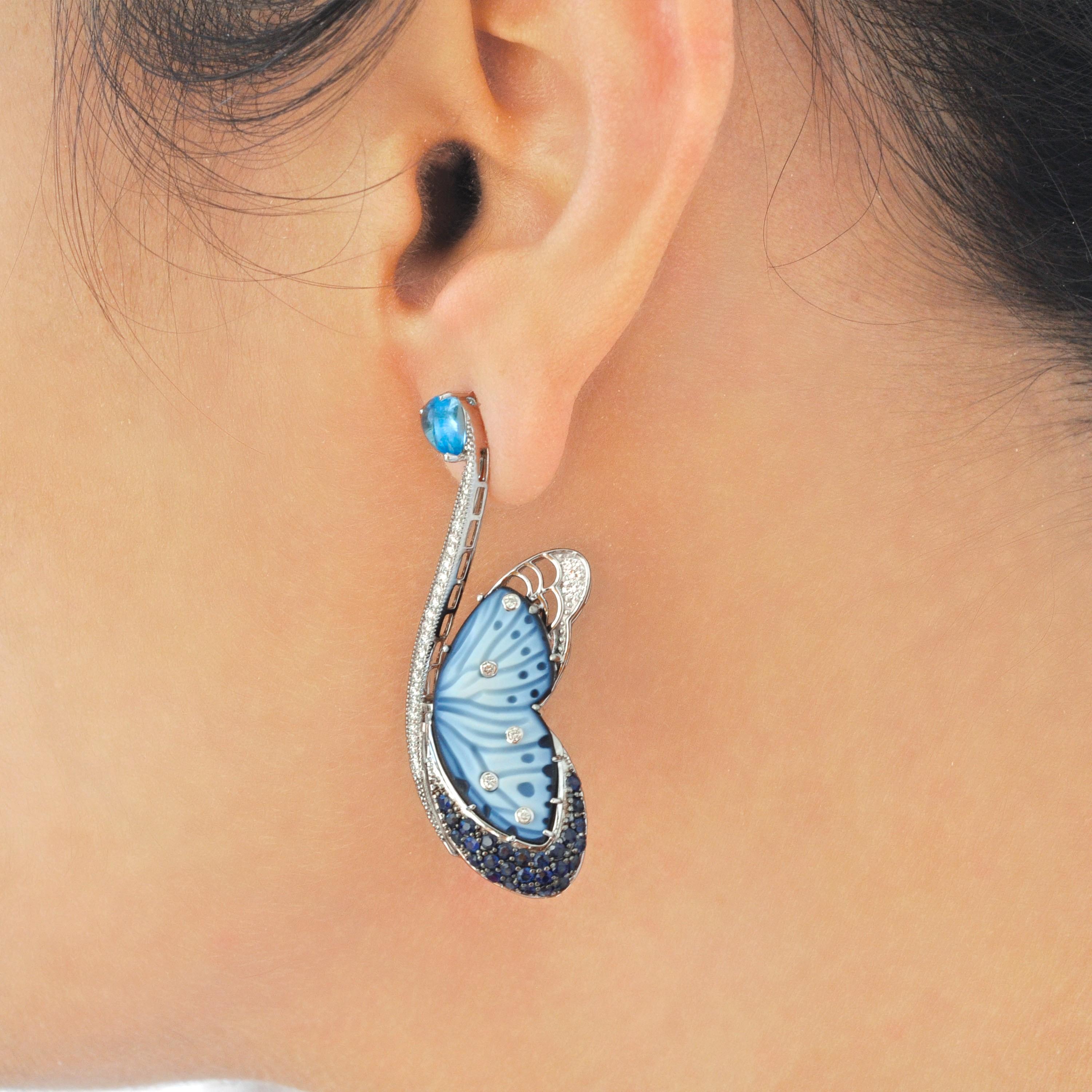 14K White Gold Hand-Engraved Butterfly Topaz Blue Sapphire Diamond Earrings For Sale 10