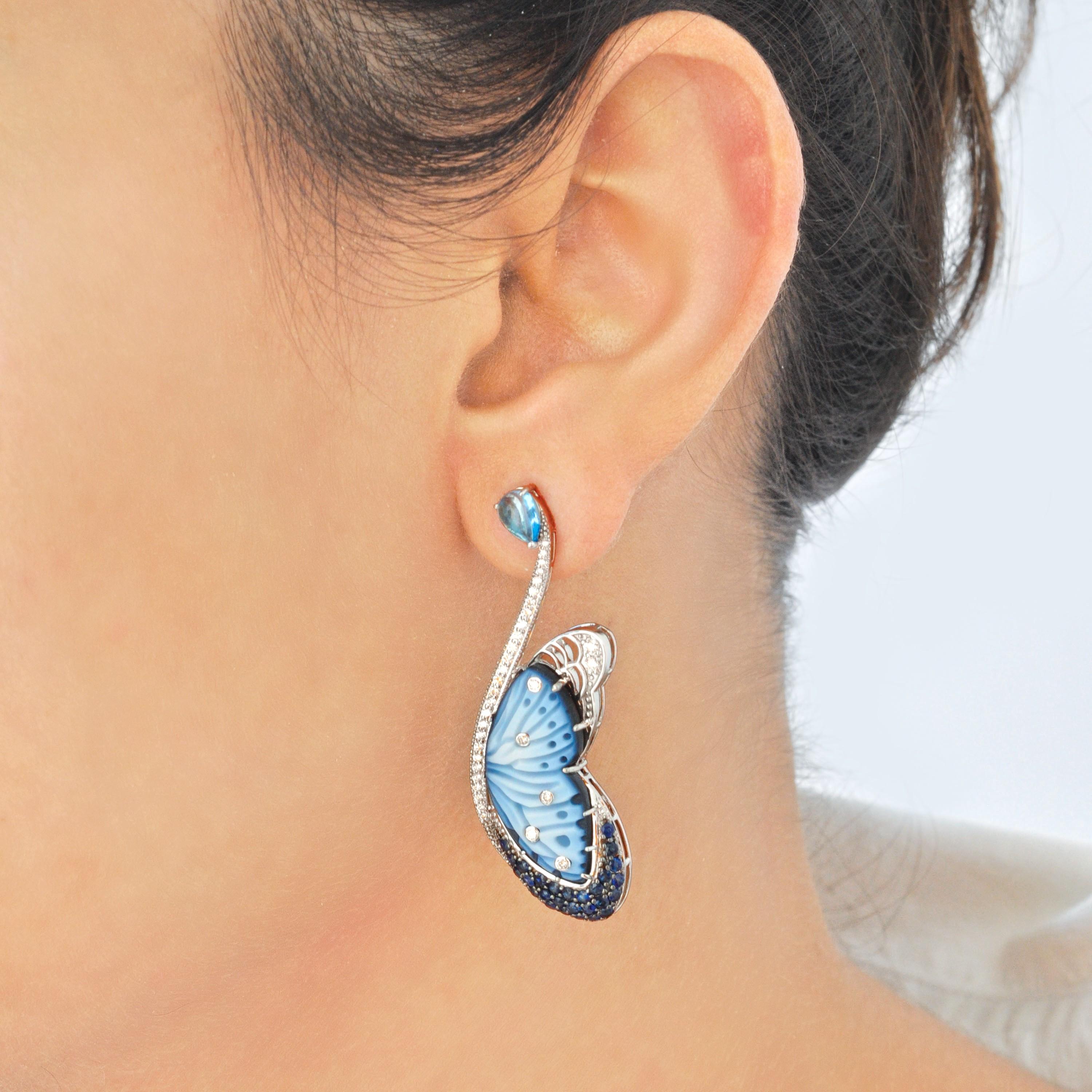 14K White Gold Hand-Engraved Butterfly Topaz Blue Sapphire Diamond Earrings For Sale 12
