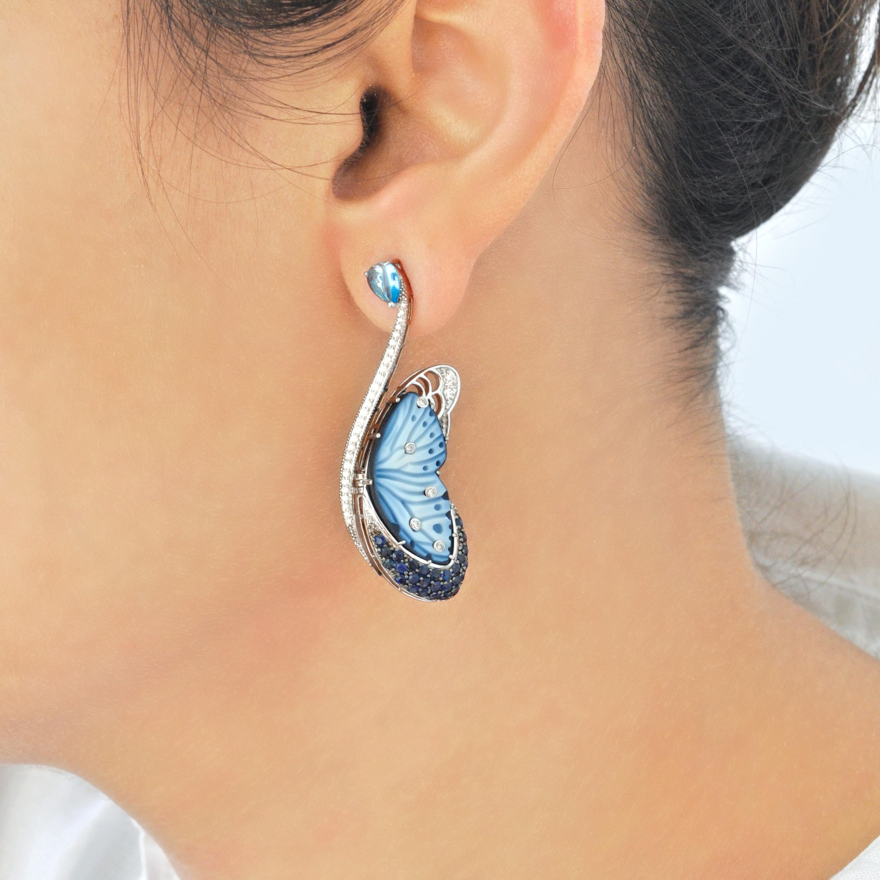 Contemporary 14K White Gold Hand-Engraved Butterfly Topaz Blue Sapphire Diamond Earrings For Sale