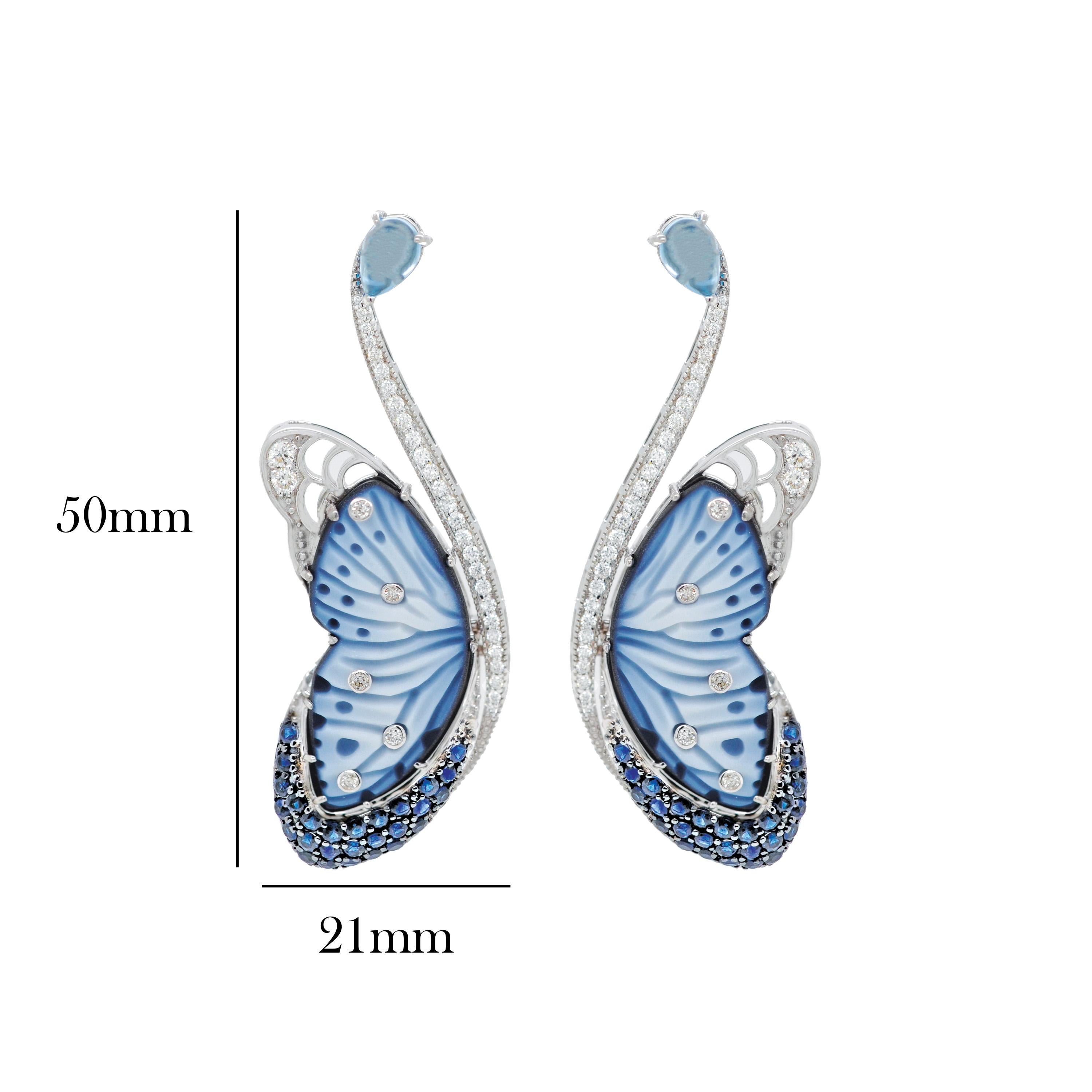 Mixed Cut 14K White Gold Hand-Engraved Butterfly Topaz Blue Sapphire Diamond Earrings For Sale