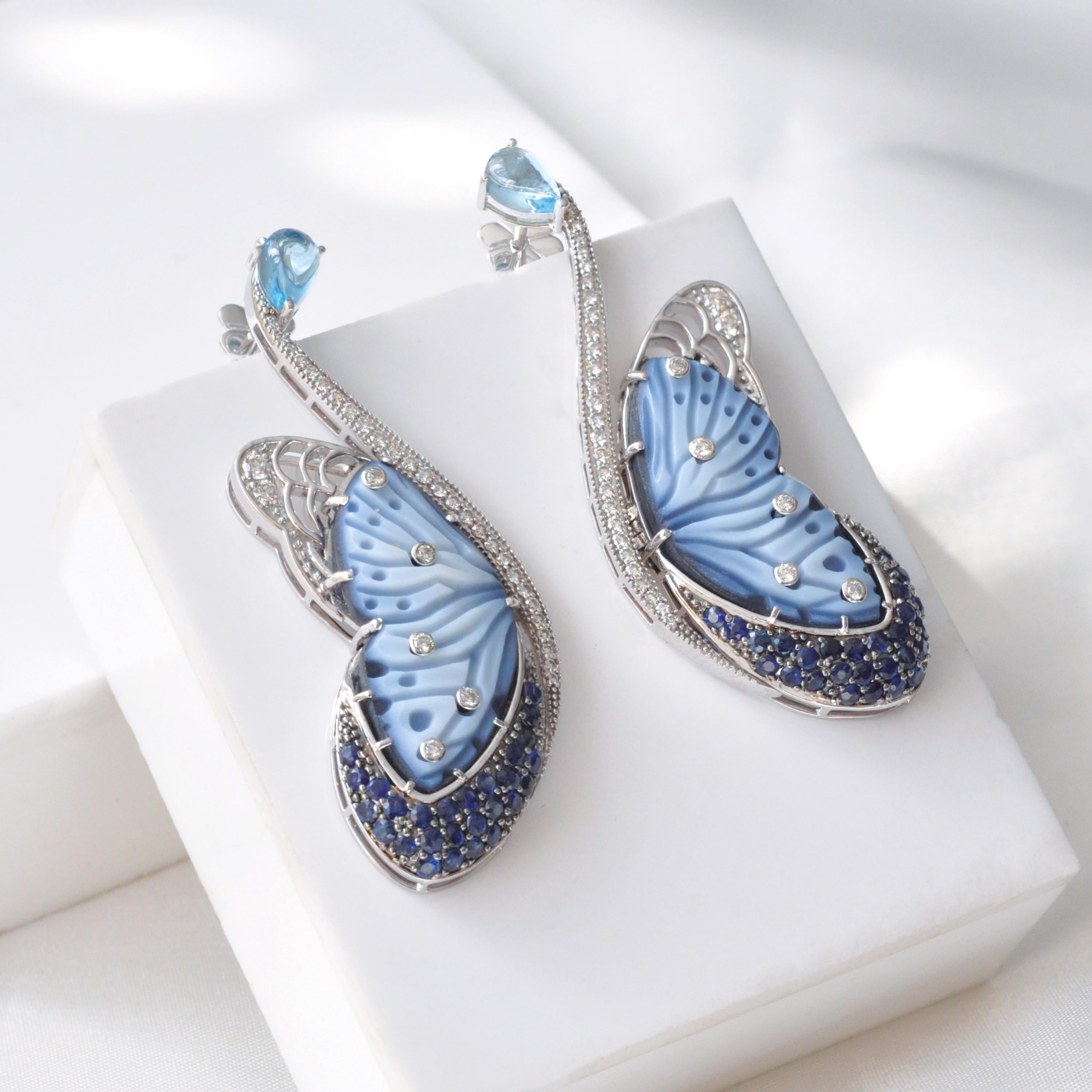 Women's 14K White Gold Hand-Engraved Butterfly Topaz Blue Sapphire Diamond Earrings For Sale
