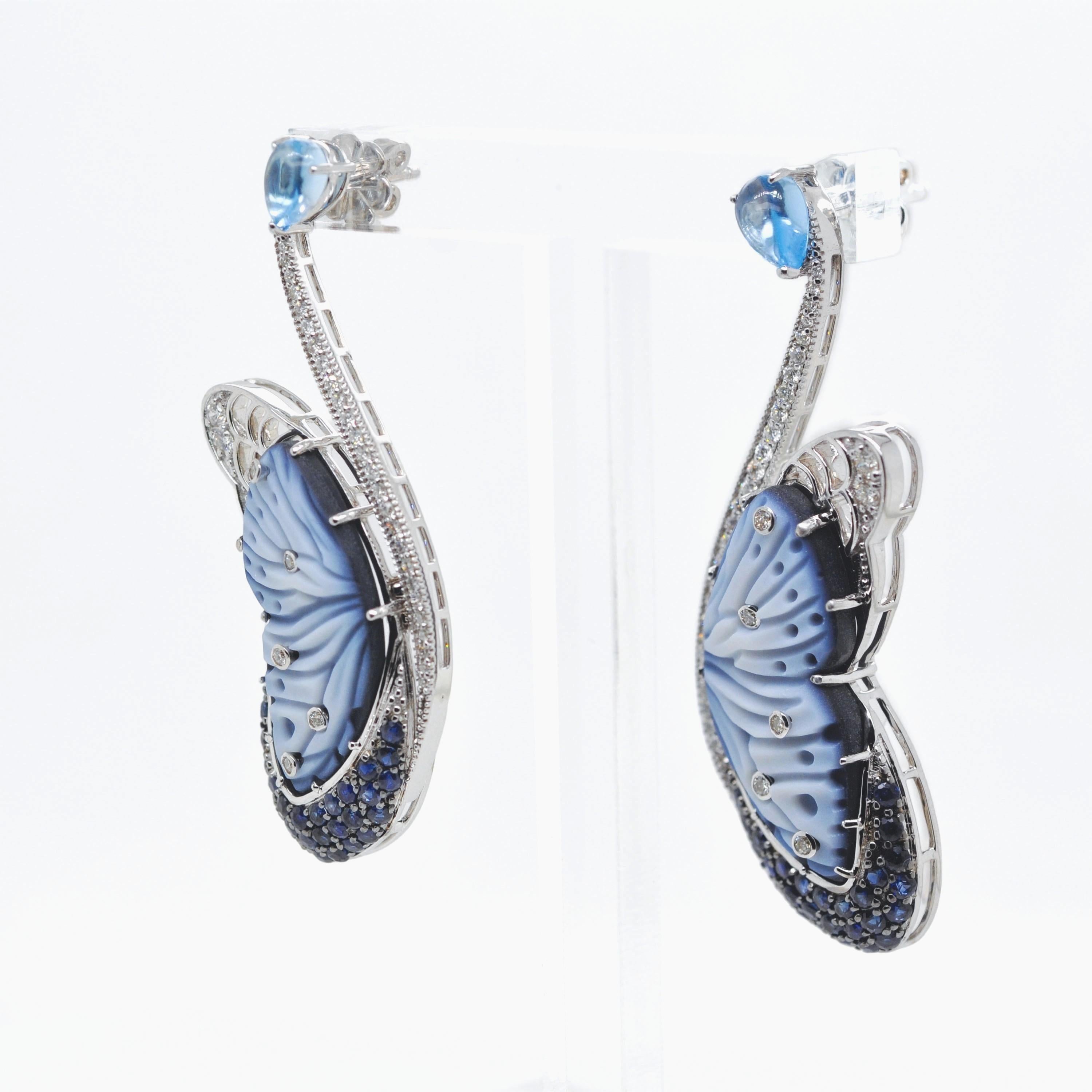 14K White Gold Hand-Engraved Butterfly Topaz Blue Sapphire Diamond Earrings For Sale 1