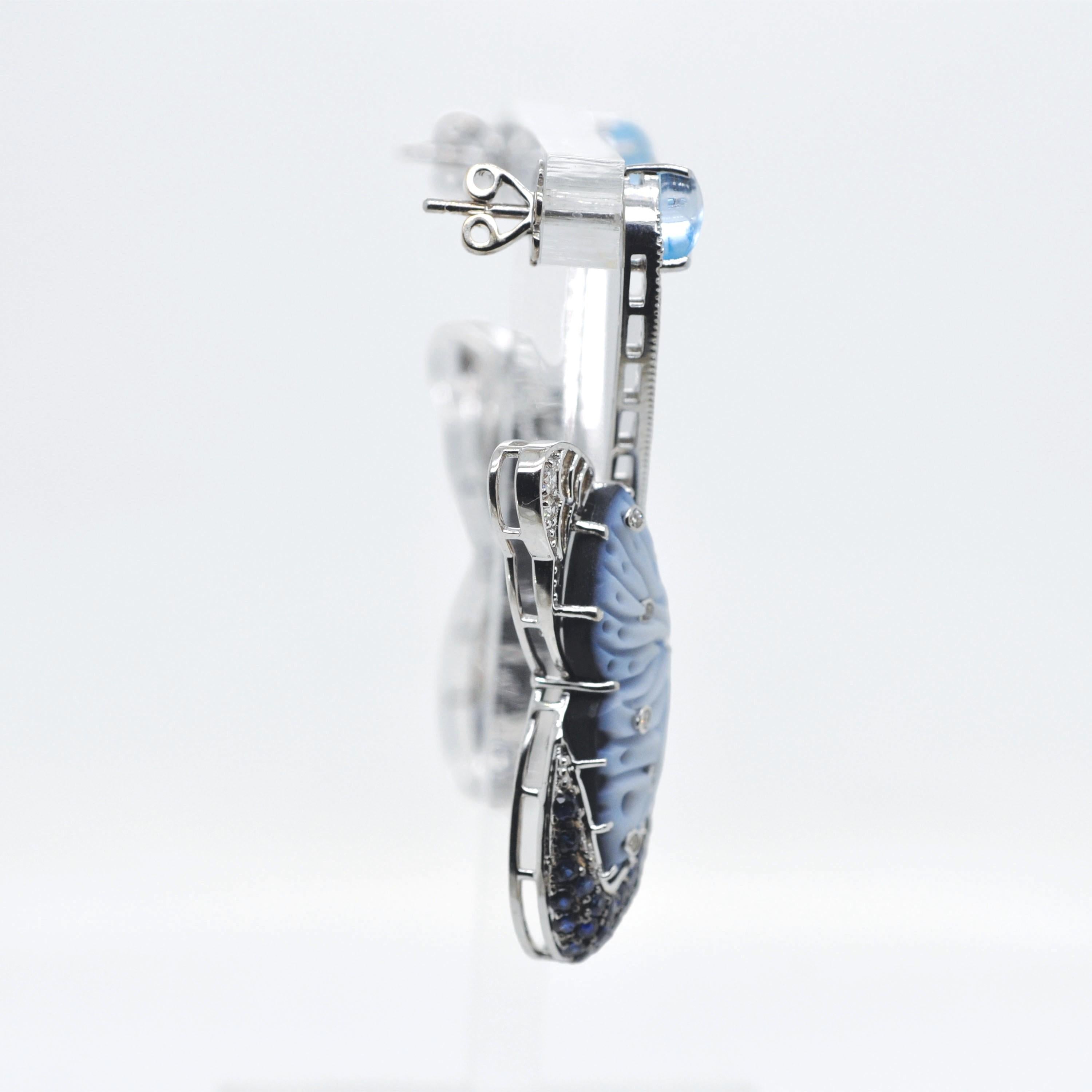 14K White Gold Hand-Engraved Butterfly Topaz Blue Sapphire Diamond Earrings For Sale 2