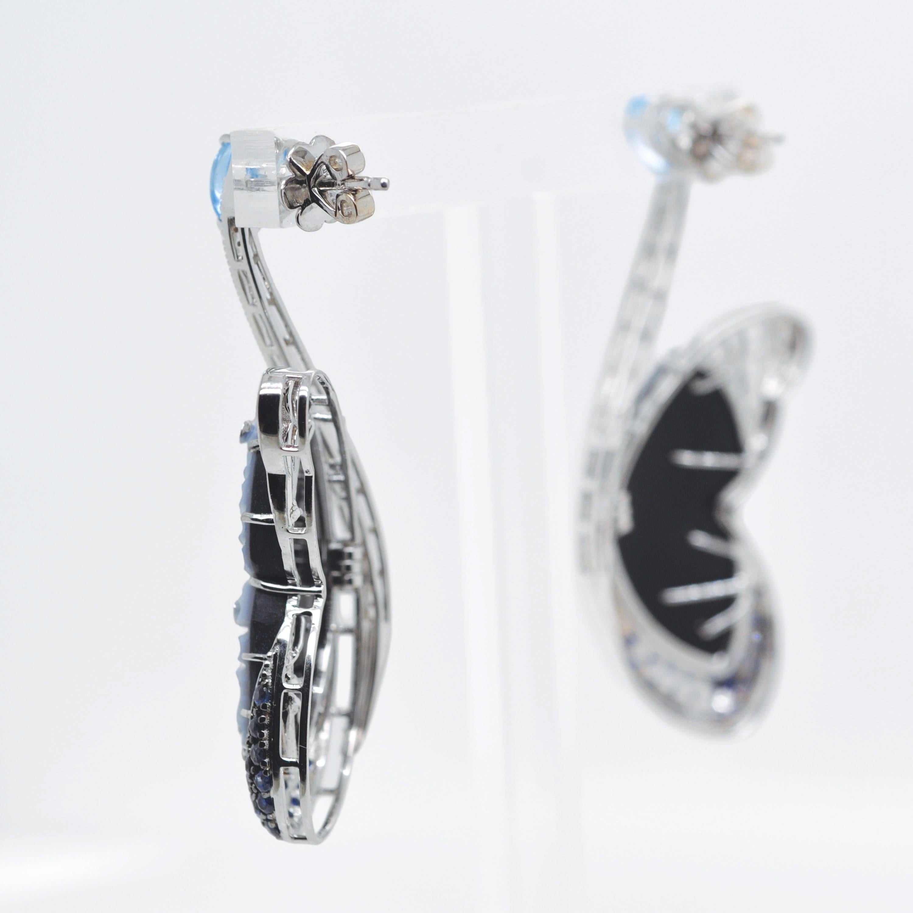 14K White Gold Hand-Engraved Butterfly Topaz Blue Sapphire Diamond Earrings For Sale 3