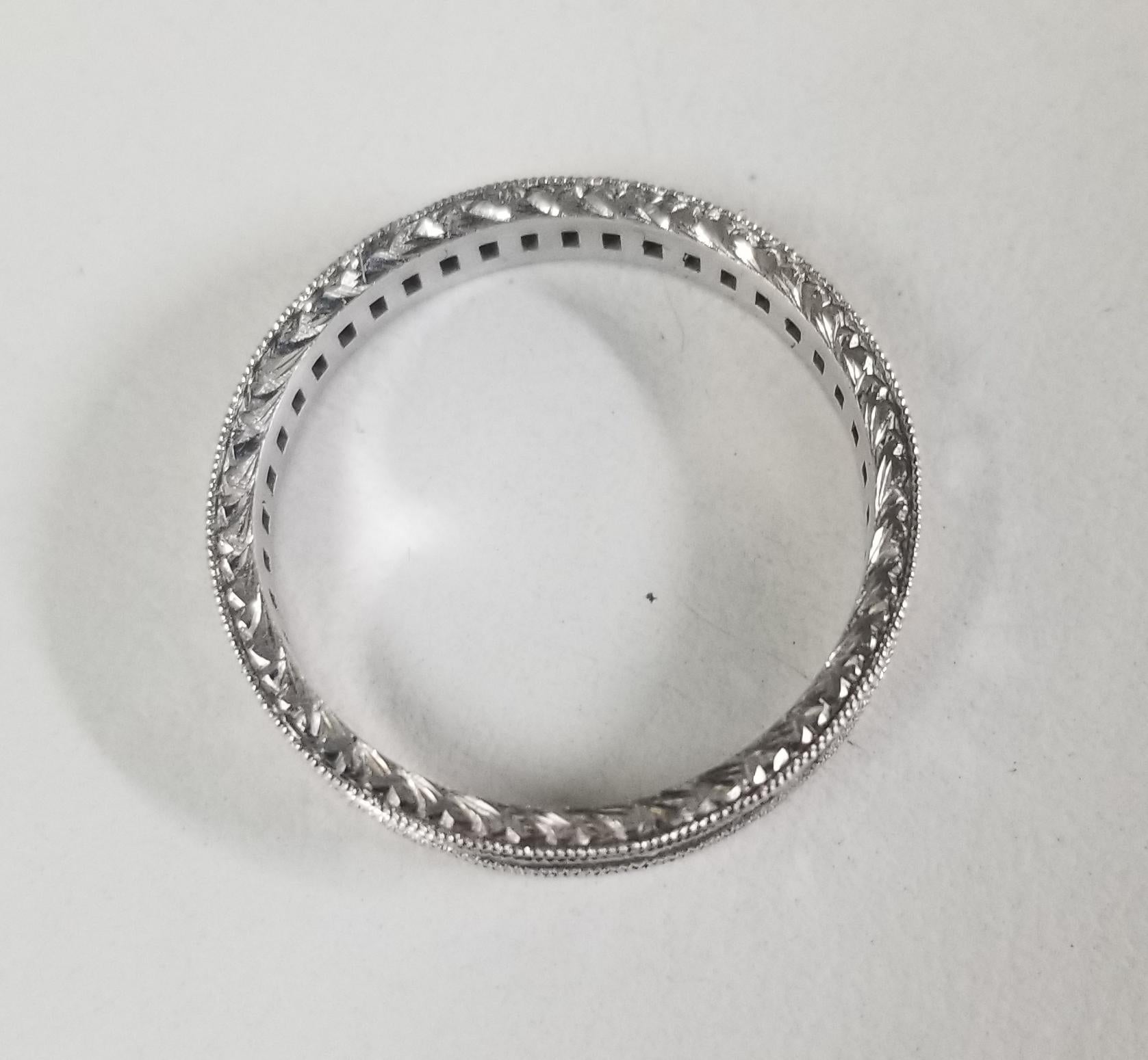 Art Deco 14 Karat White Gold Hand Engraved Diamond Square and Round Eternity Ring For Sale