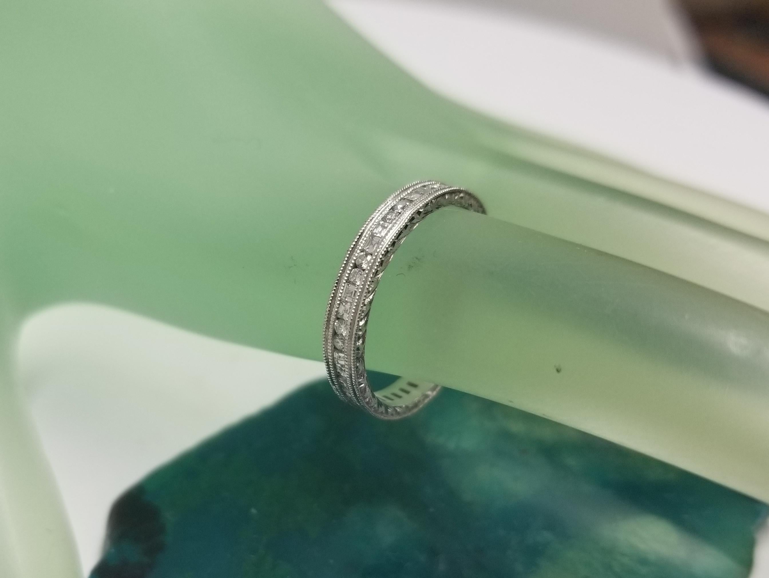 Square Cut 14 Karat White Gold Hand Engraved Diamond Square and Round Eternity Ring For Sale