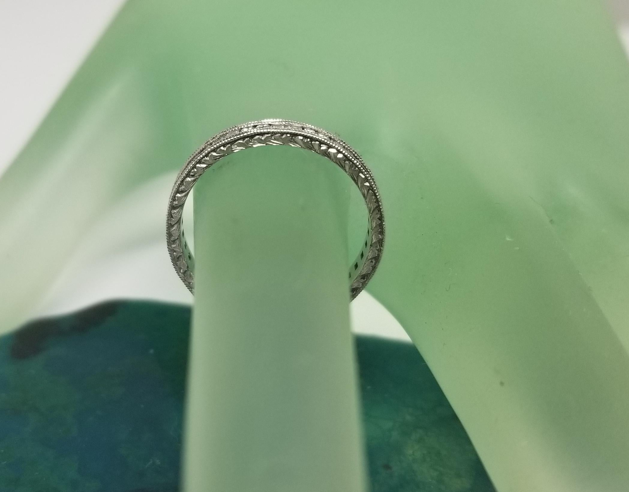 14 Karat White Gold Hand Engraved Diamond Square and Round Eternity Ring In New Condition For Sale In Los Angeles, CA