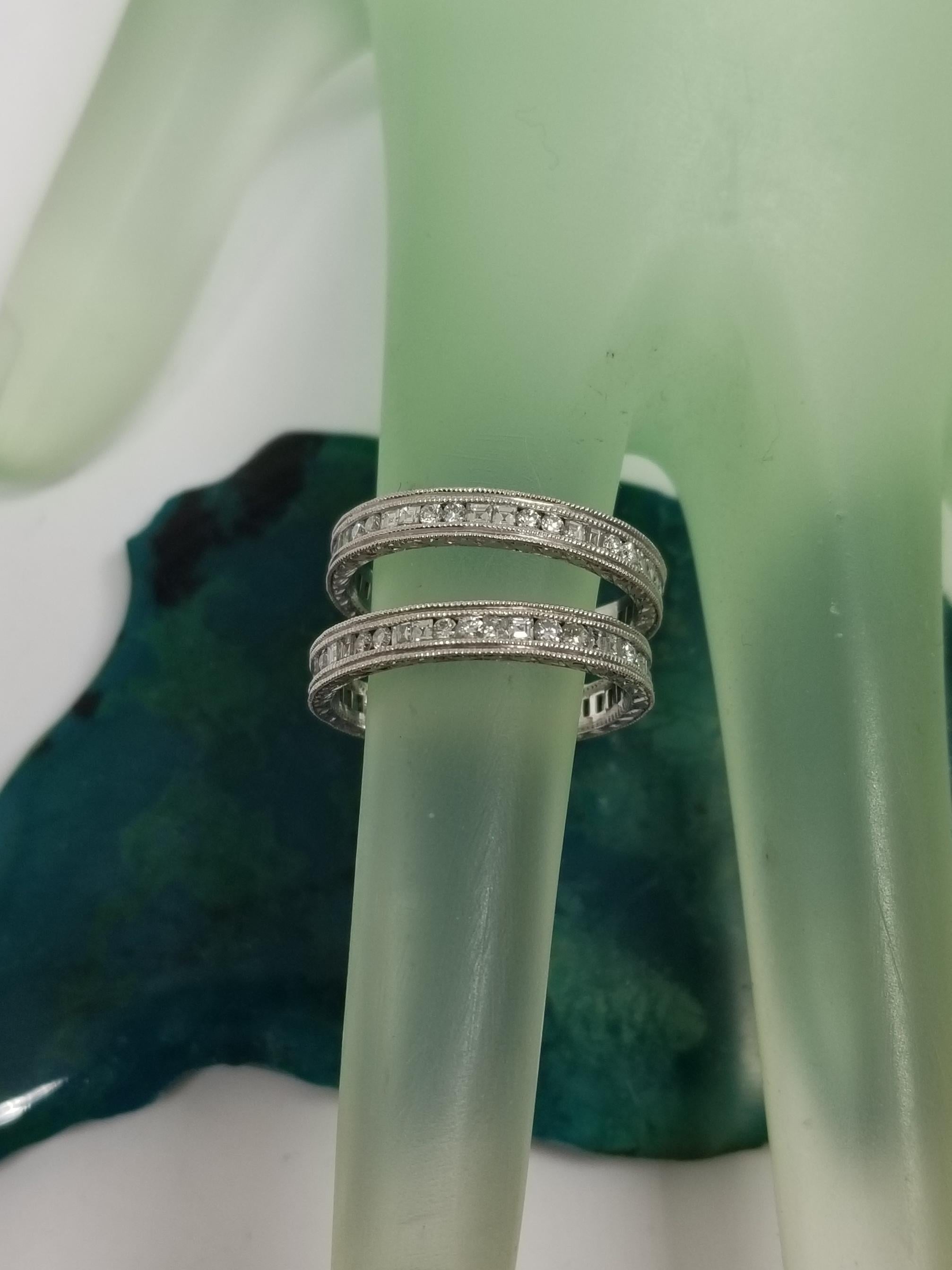 Women's or Men's 14 Karat White Gold Hand Engraved Diamond Square and Round Eternity Ring For Sale