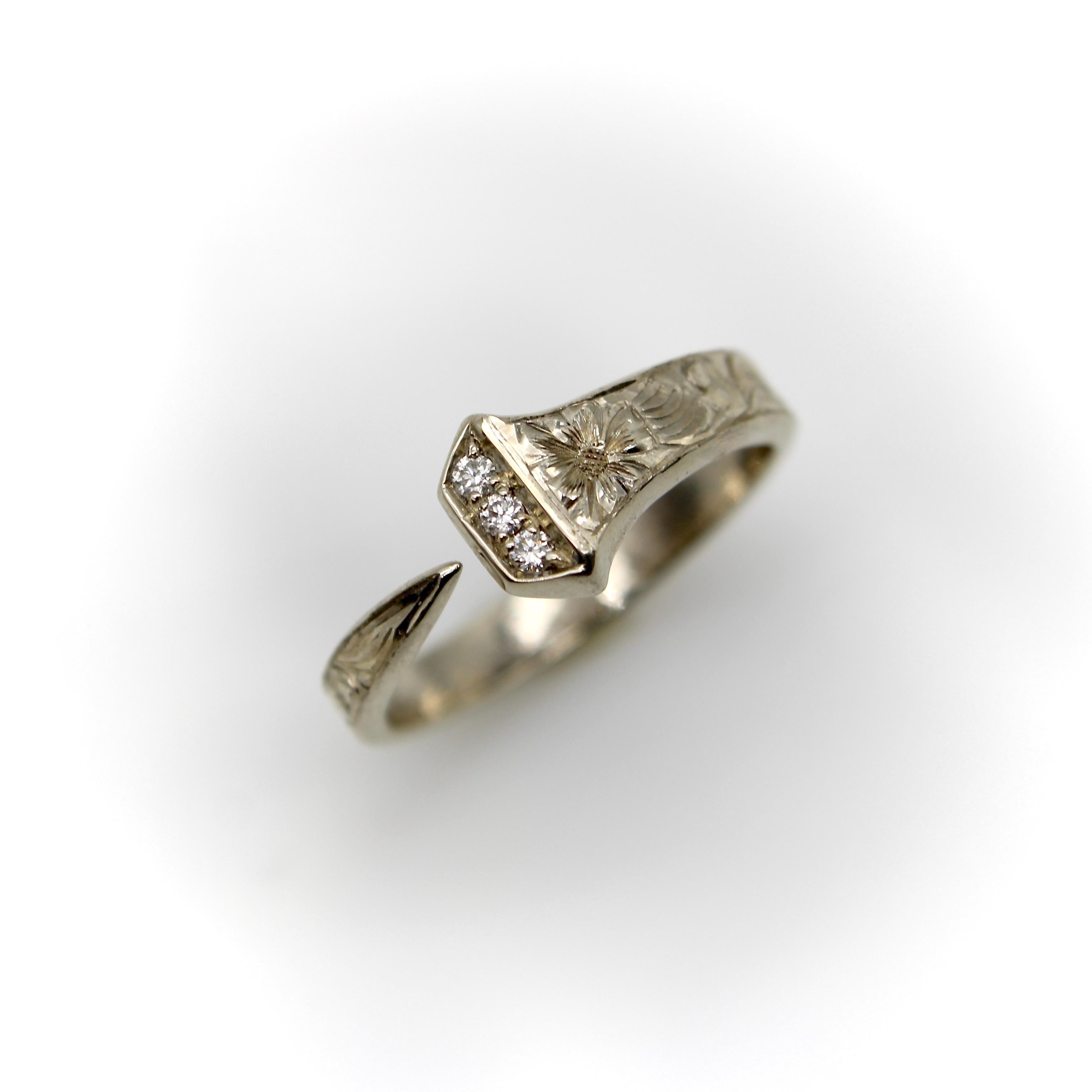 Contemporary 14K White Gold Hand Engraved Lucky Nail Ring with Diamonds 
