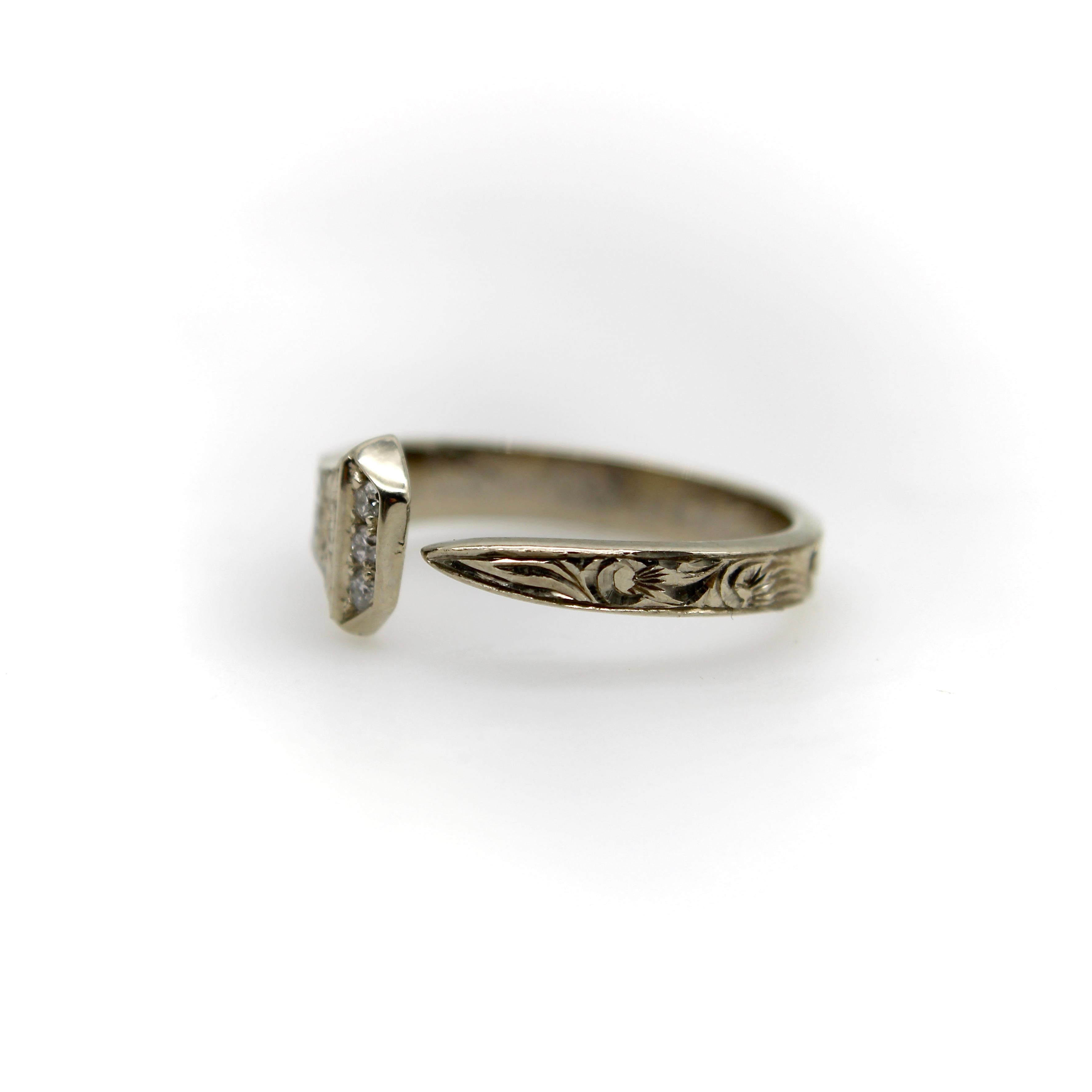Single Cut 14K White Gold Hand Engraved Lucky Nail Ring with Diamonds 