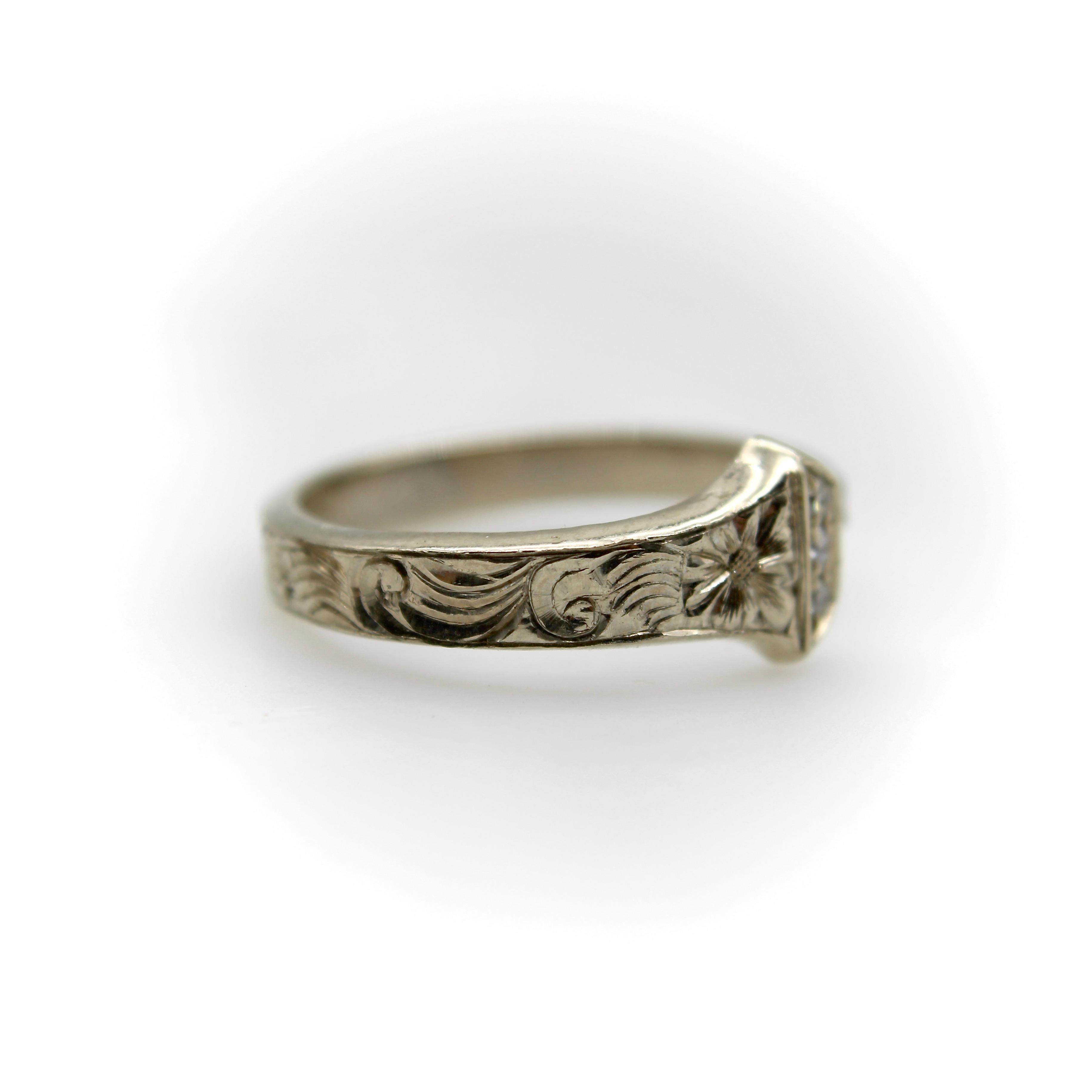 Women's or Men's 14K White Gold Hand Engraved Lucky Nail Ring with Diamonds  For Sale