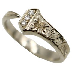 14K White Gold Hand Engraved Lucky Nail Ring with Diamonds 