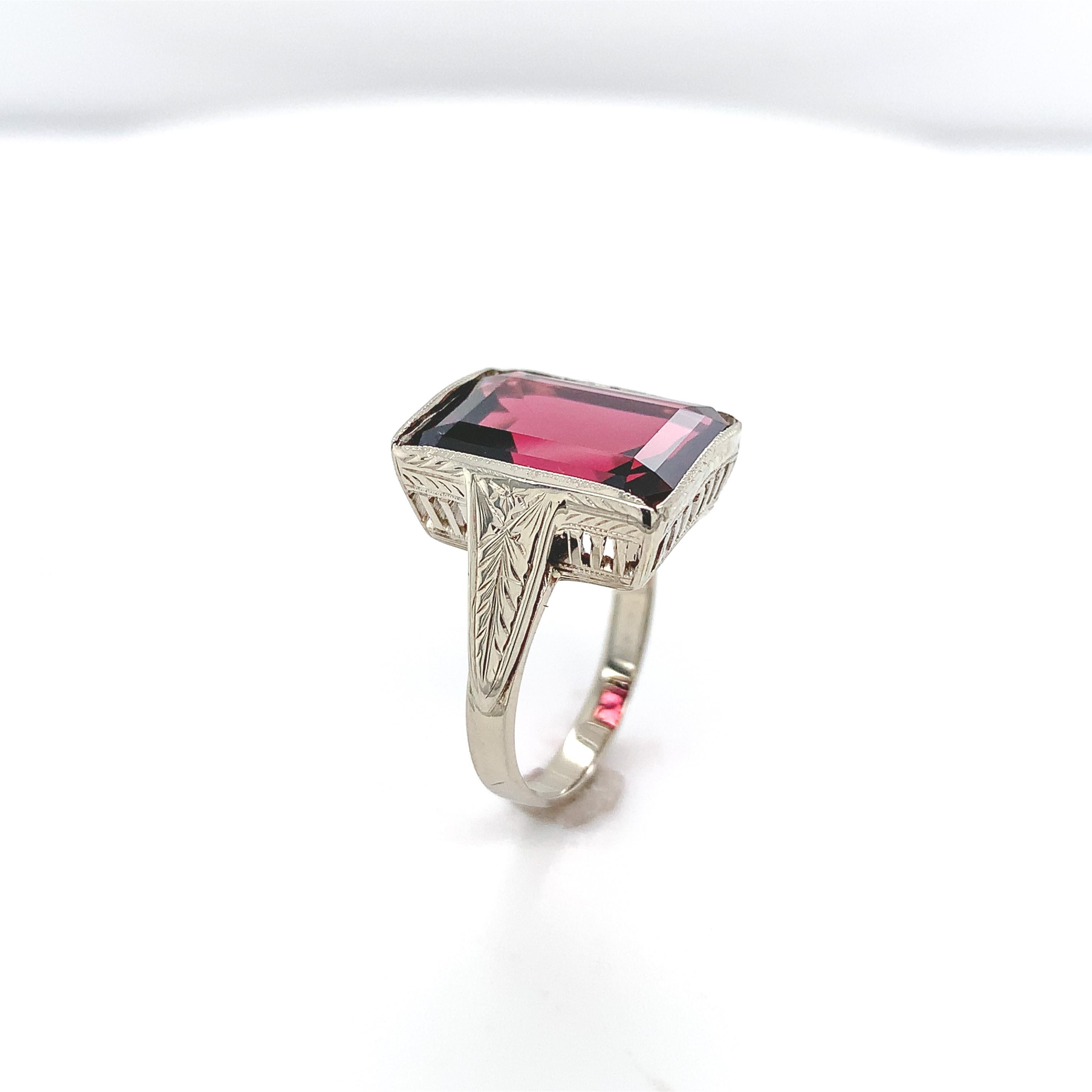 Emerald Cut 14K White Gold Hand Engraved Ring with an 8.35 carat Rhodolite Garnet For Sale