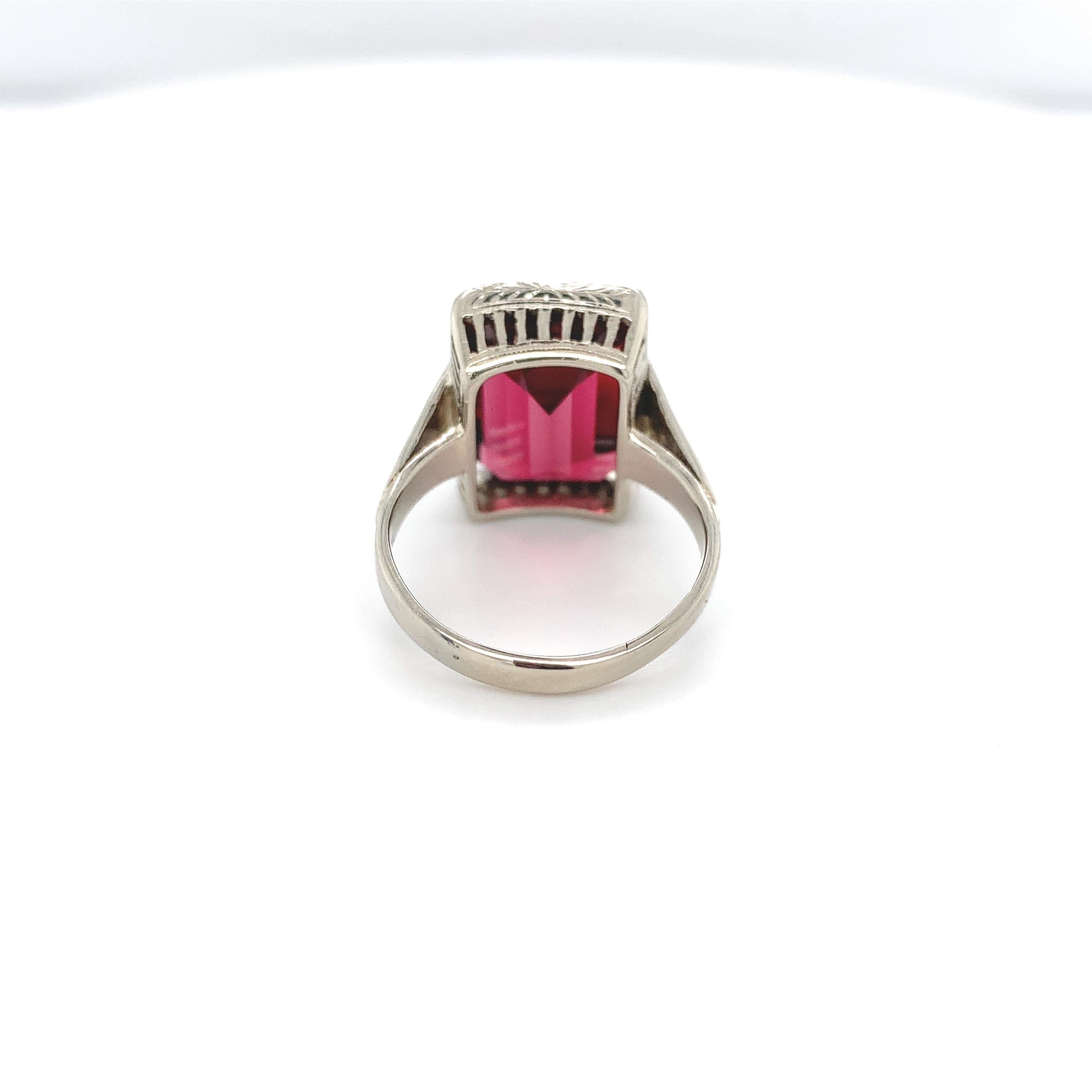 Women's 14K White Gold Hand Engraved Ring with an 8.35 carat Rhodolite Garnet For Sale
