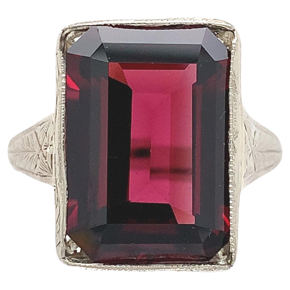 14K White Gold Hand Engraved Ring with an 8.35 carat Rhodolite Garnet For Sale