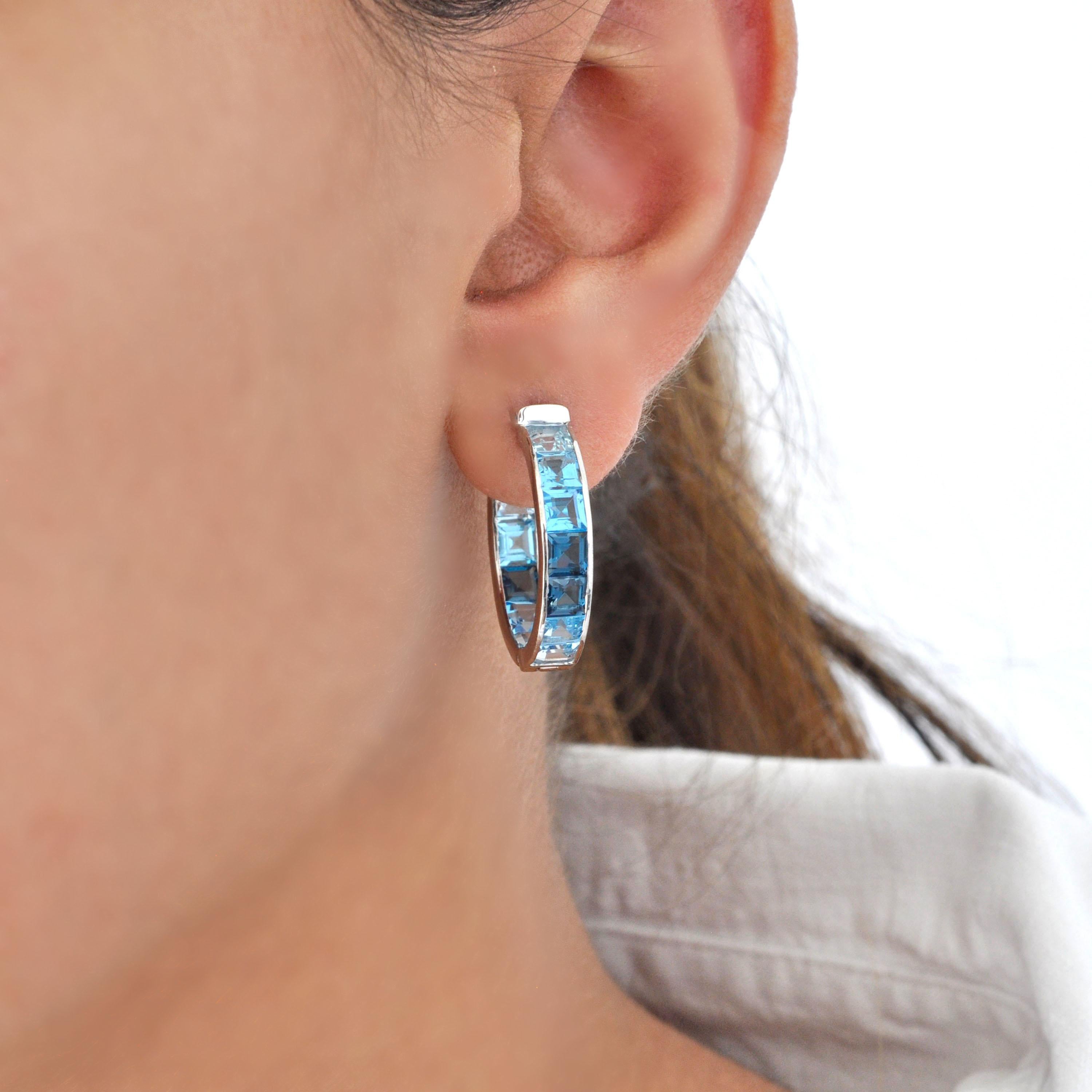14K White Gold Handcrafted Blue Topaz Square Gemstones Channel Set Hoop Earrings en vente 6