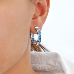 14K White Gold Handcrafted Blue Topaz Square Gemstones Channel Set Hoop Earrings