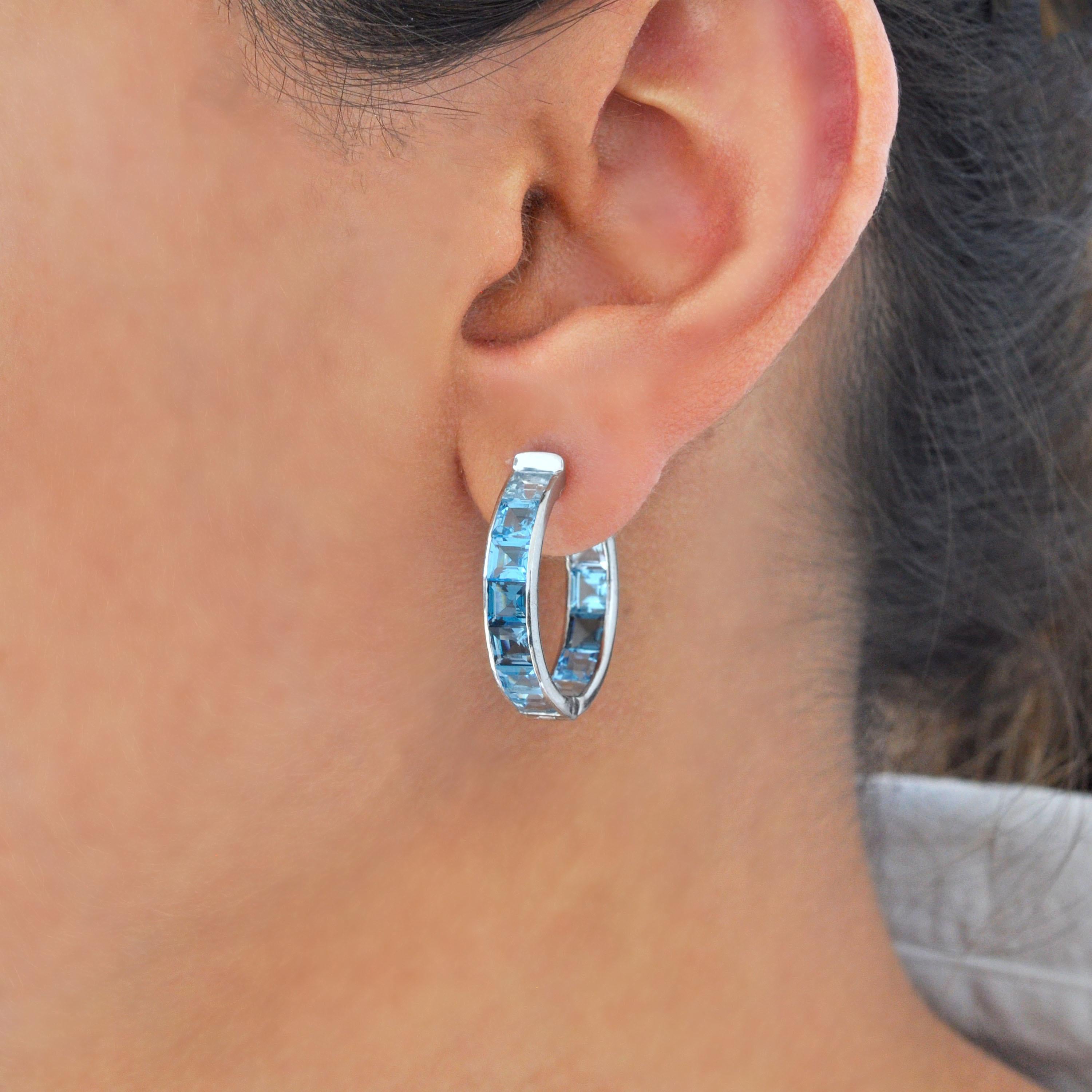 Contemporain 14K White Gold Handcrafted Blue Topaz Square Gemstones Channel Set Hoop Earrings en vente
