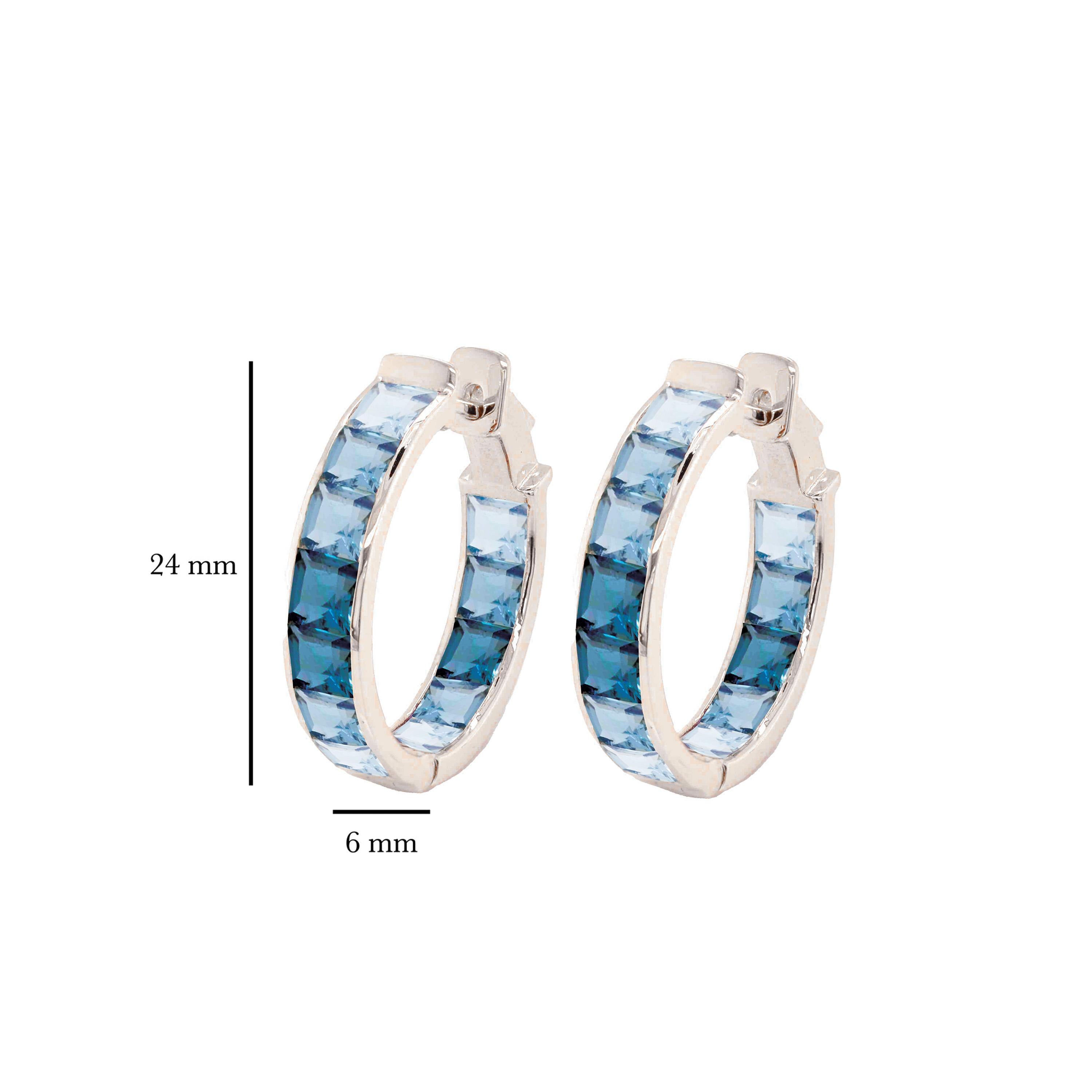 Taille carrée 14K White Gold Handcrafted Blue Topaz Square Gemstones Channel Set Hoop Earrings en vente