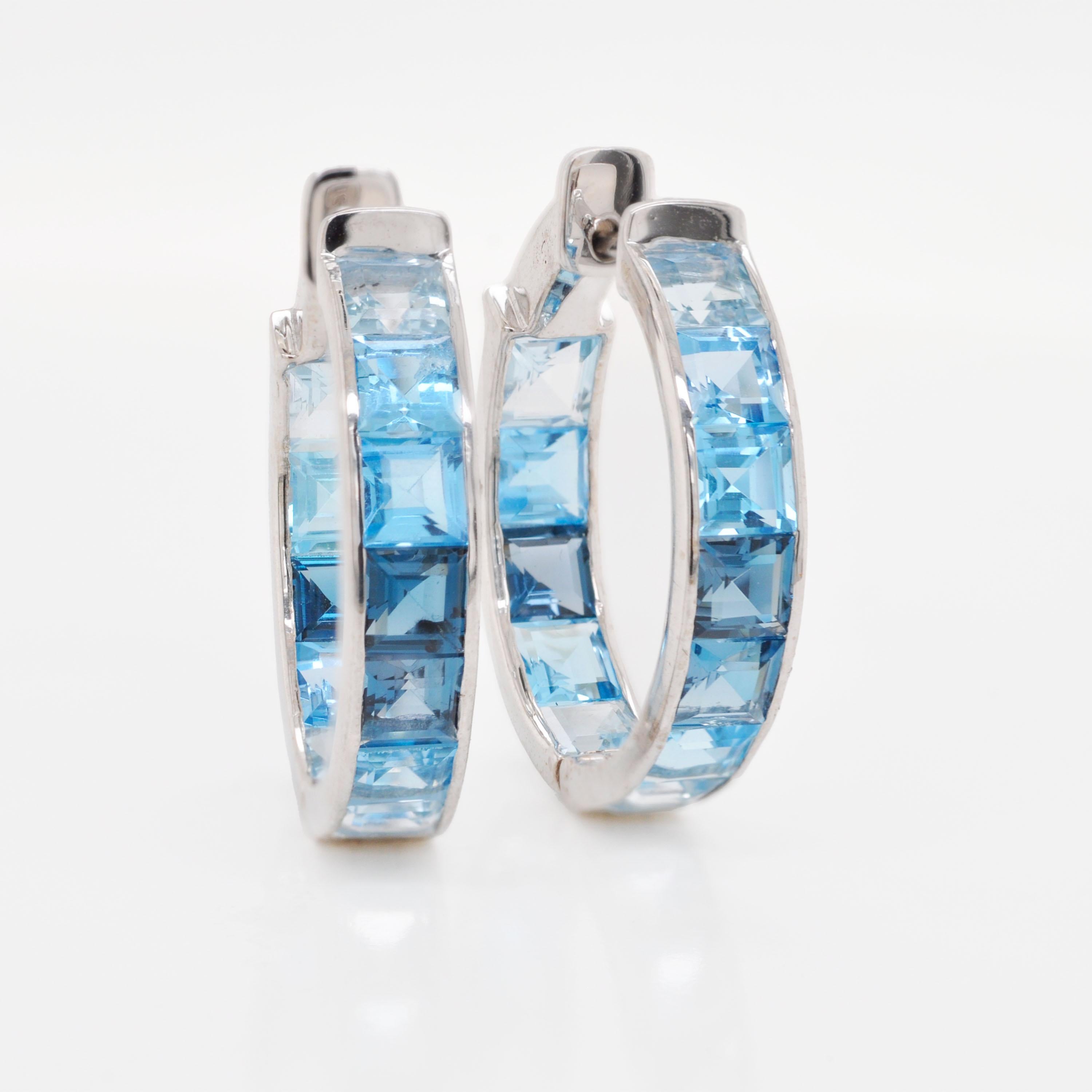 14K White Gold Handcrafted Blue Topaz Square Gemstones Channel Set Hoop Earrings Neuf - En vente à Jaipur, Rajasthan