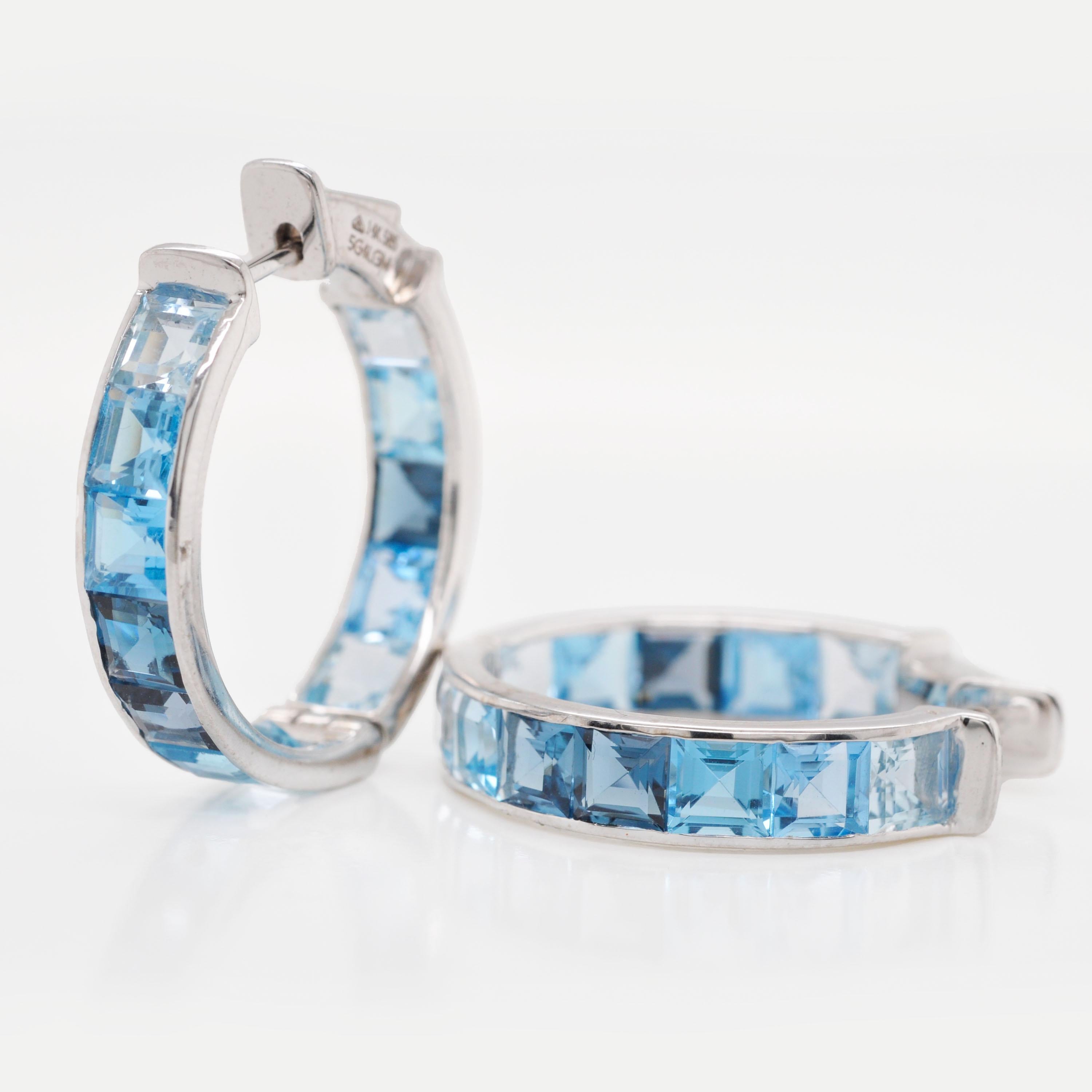 14K White Gold Handcrafted Blue Topaz Square Gemstones Channel Set Hoop Earrings Pour femmes en vente