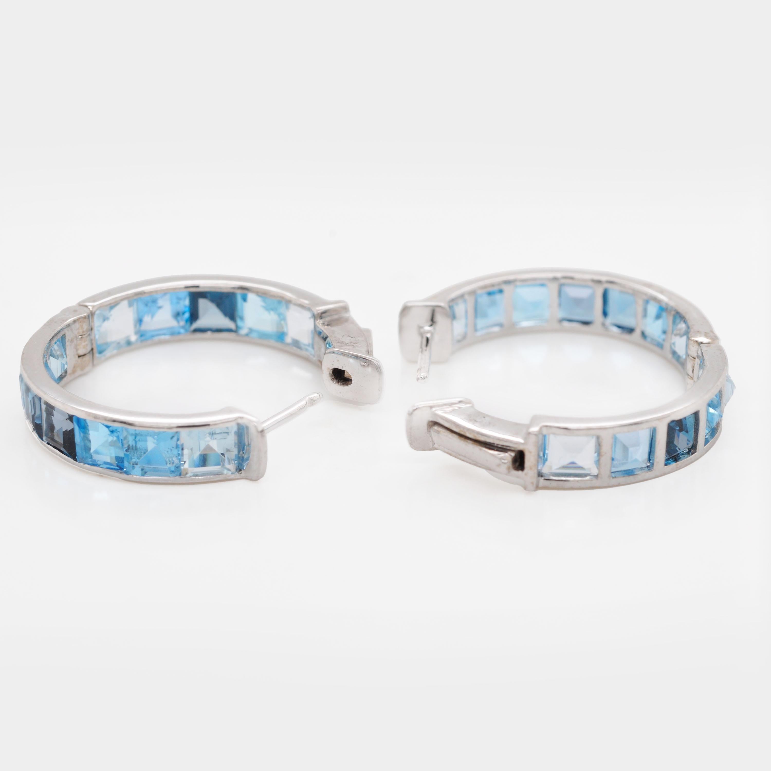 14K White Gold Handcrafted Blue Topaz Square Gemstones Channel Set Hoop Earrings en vente 2