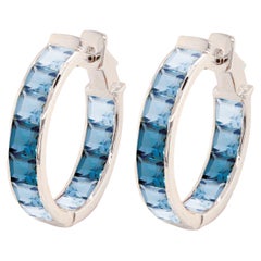 14K White Gold Handcrafted Blue Topaz Square Gemstones Channel Set Hoop Earrings