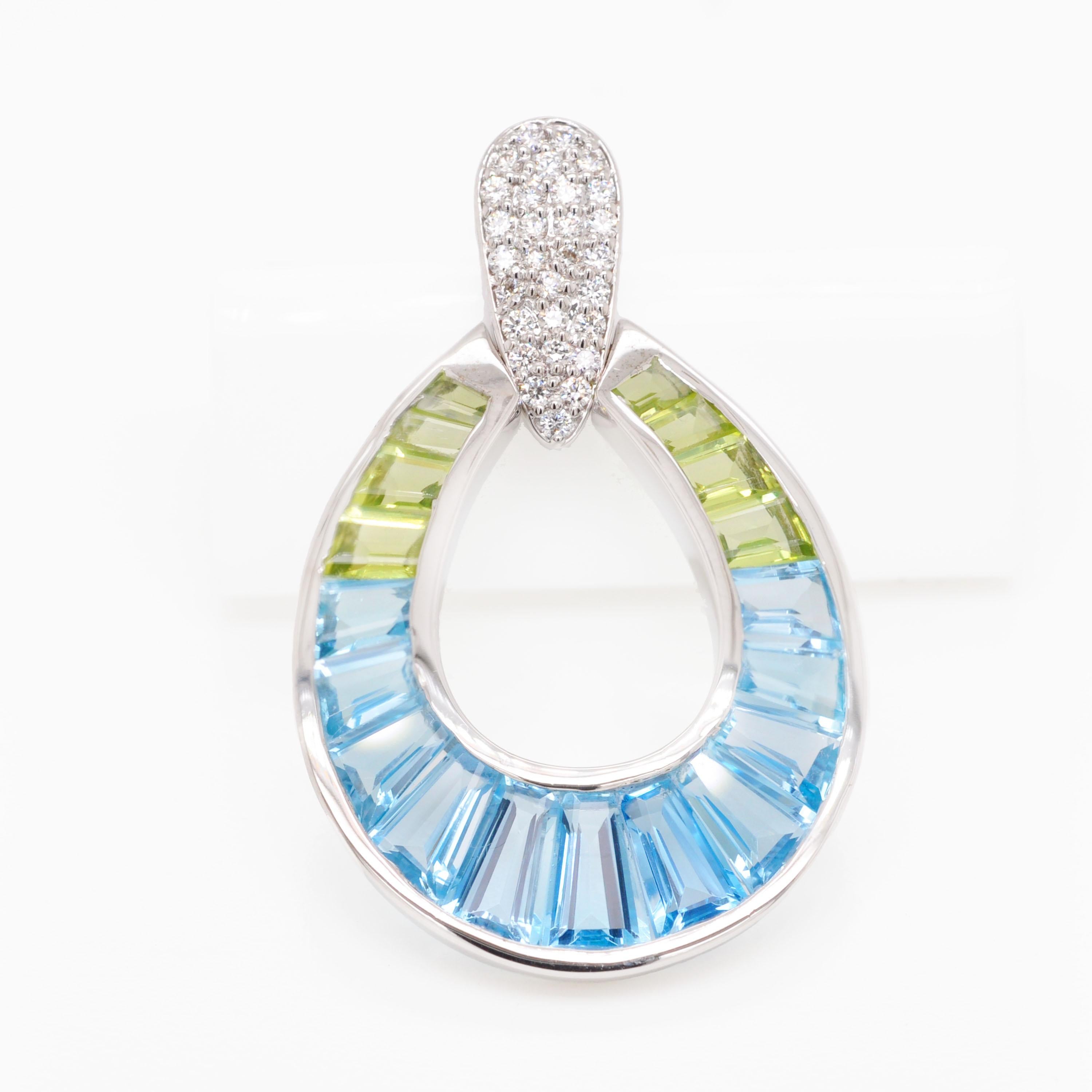 14K White Gold Handcrafted Custom Cut Peridot Blue Topaz Diamond Pendant im Angebot 4