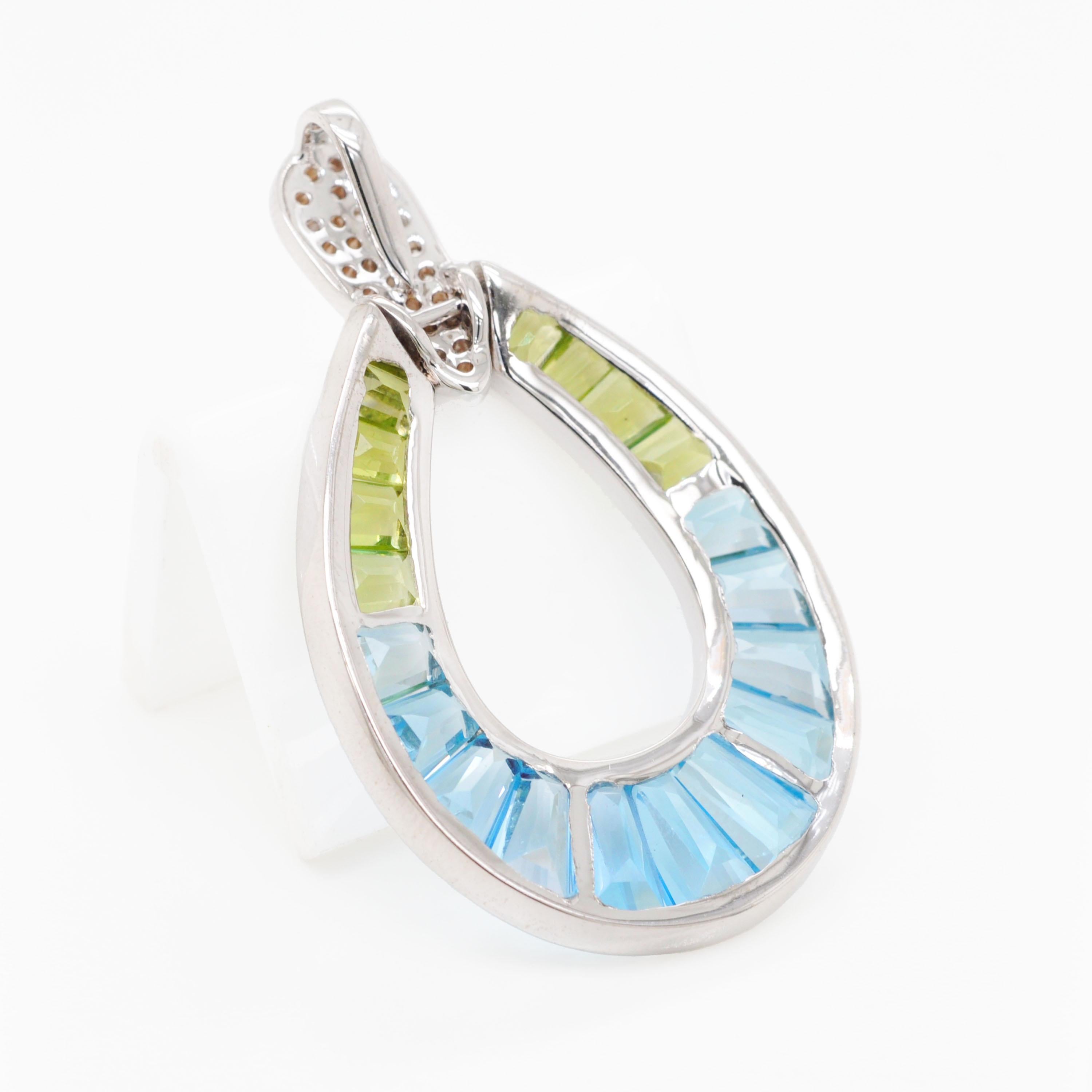14K White Gold Handcrafted Custom Cut Peridot Blue Topaz Diamond Pendant im Angebot 5