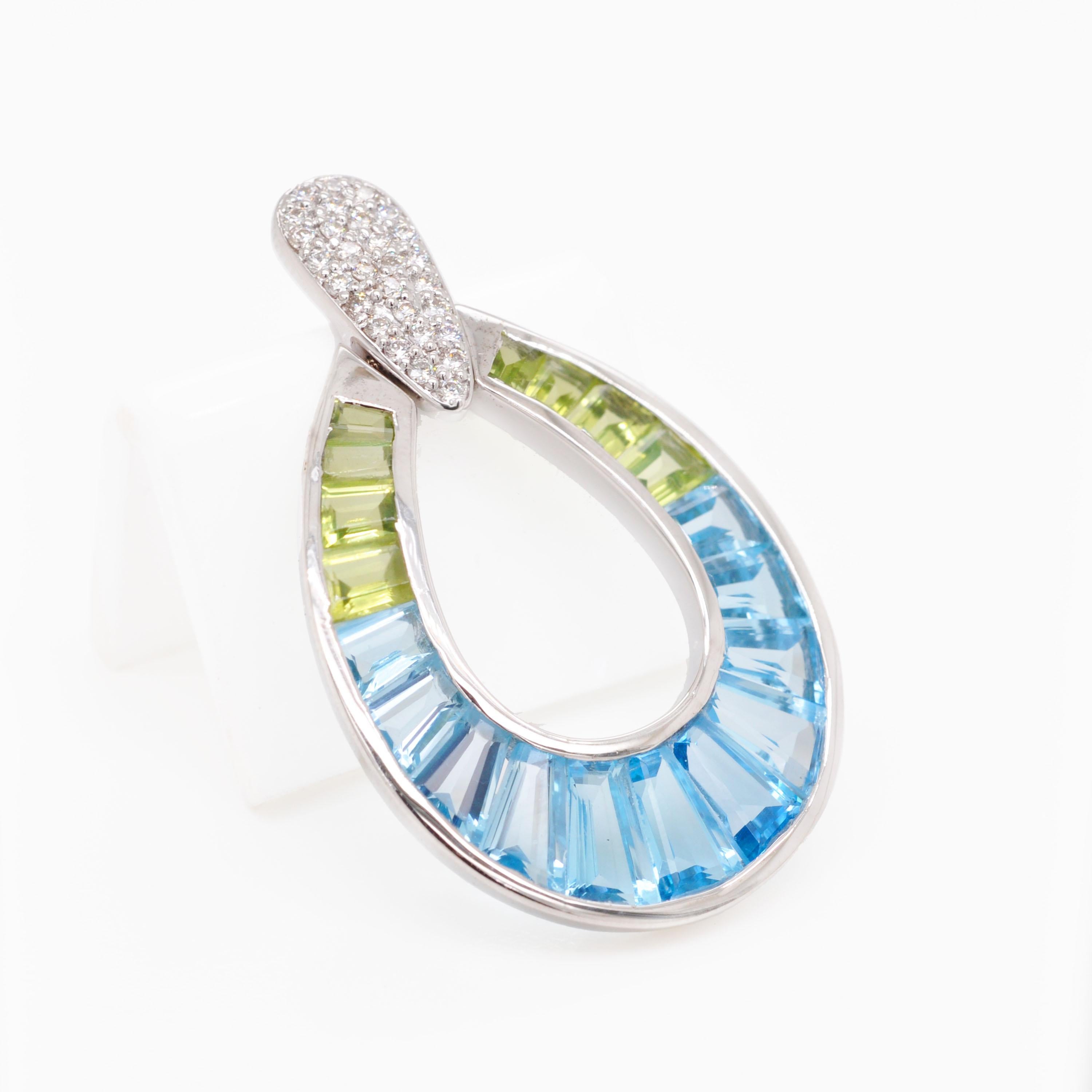 14K White Gold Handcrafted Custom Cut Peridot Blue Topaz Diamond Pendant im Angebot 9