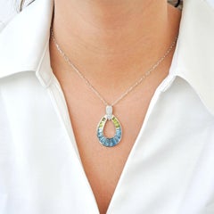 14K White Gold Handcrafted Custom Cut Peridot Blue Topaz Diamond Pendant