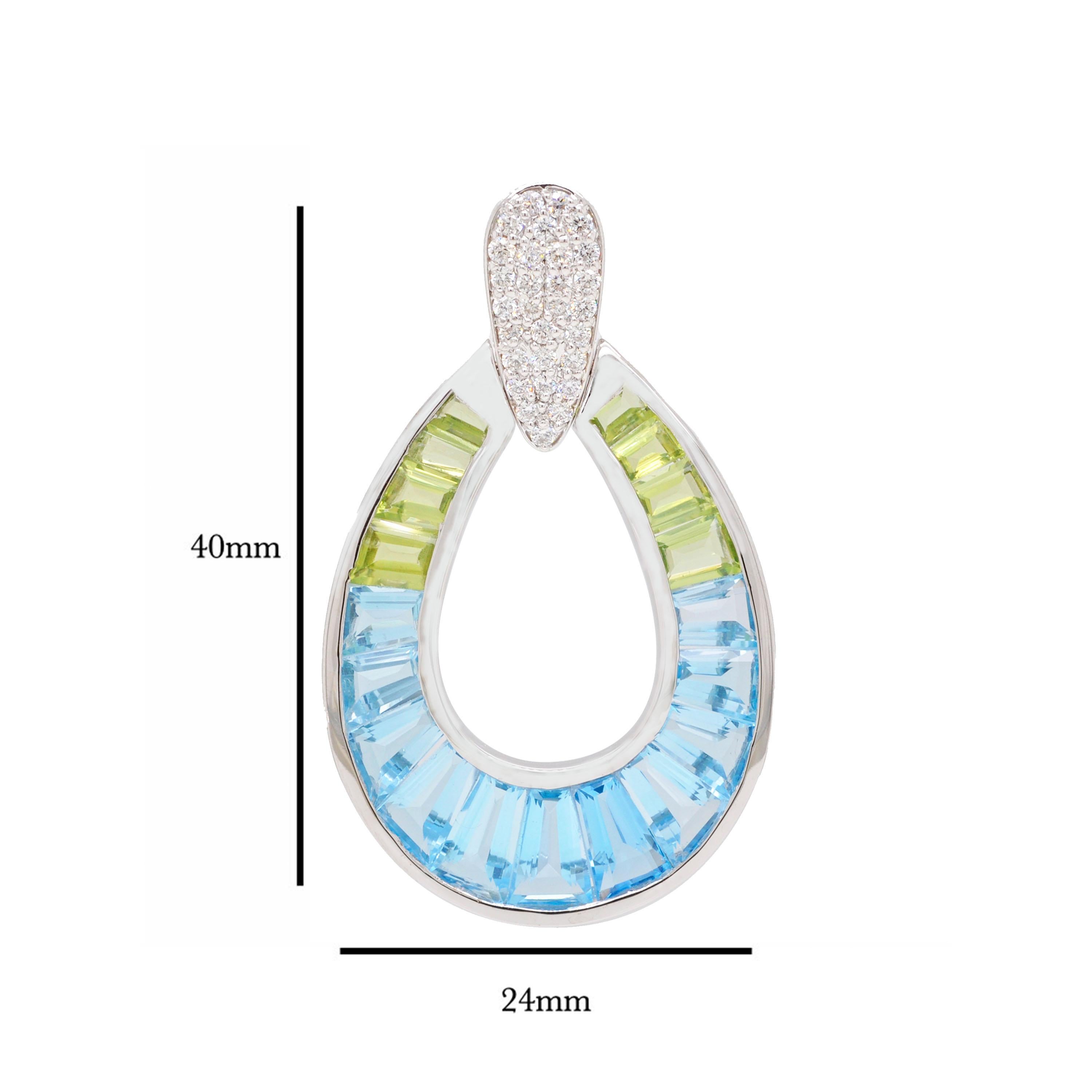 14K White Gold Handcrafted Custom Cut Peridot Blue Topaz Diamond Pendant (Baguette-Treppenschliff) im Angebot