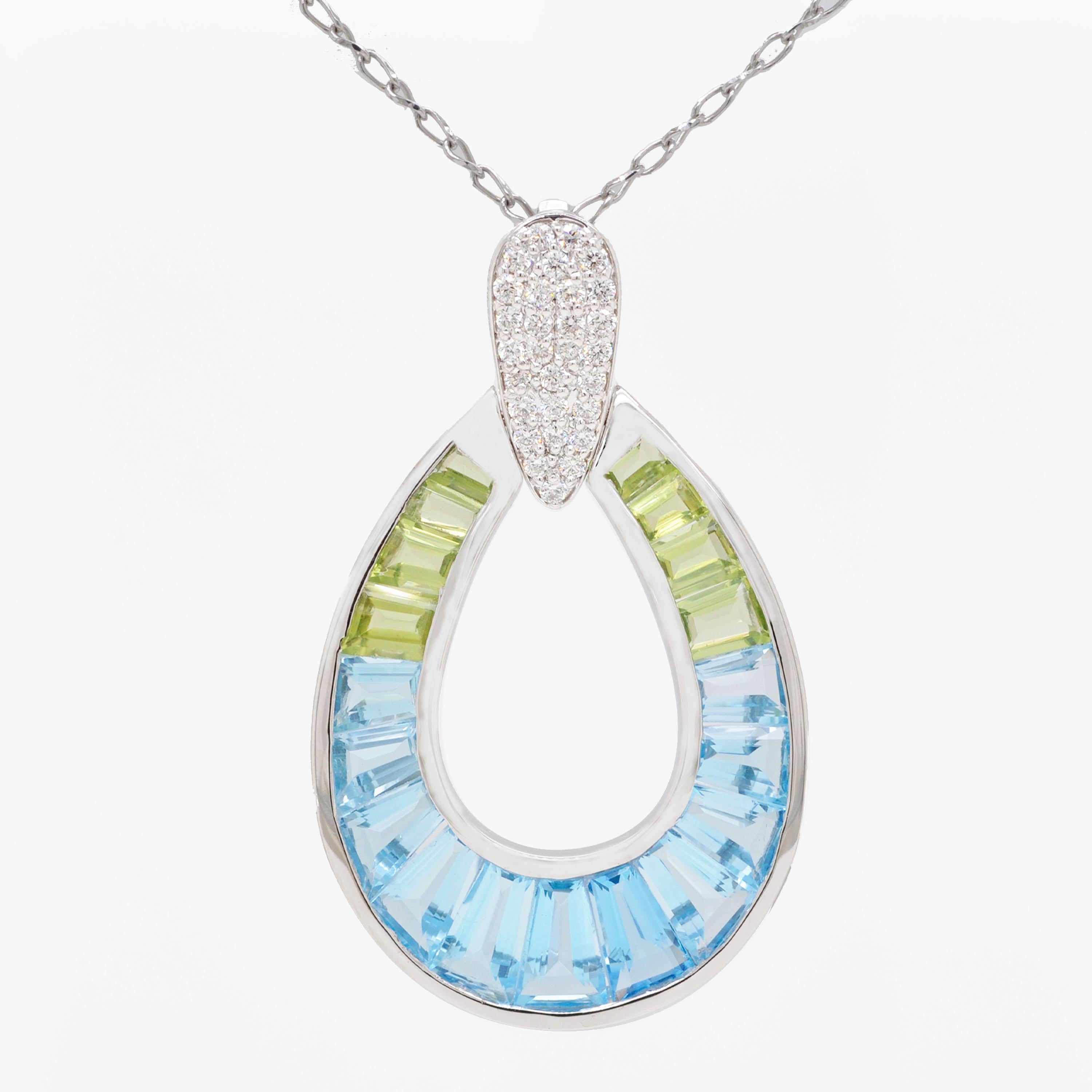 14K White Gold Handcrafted Custom Cut Peridot Blue Topaz Diamond Pendant im Zustand „Neu“ im Angebot in Jaipur, Rajasthan