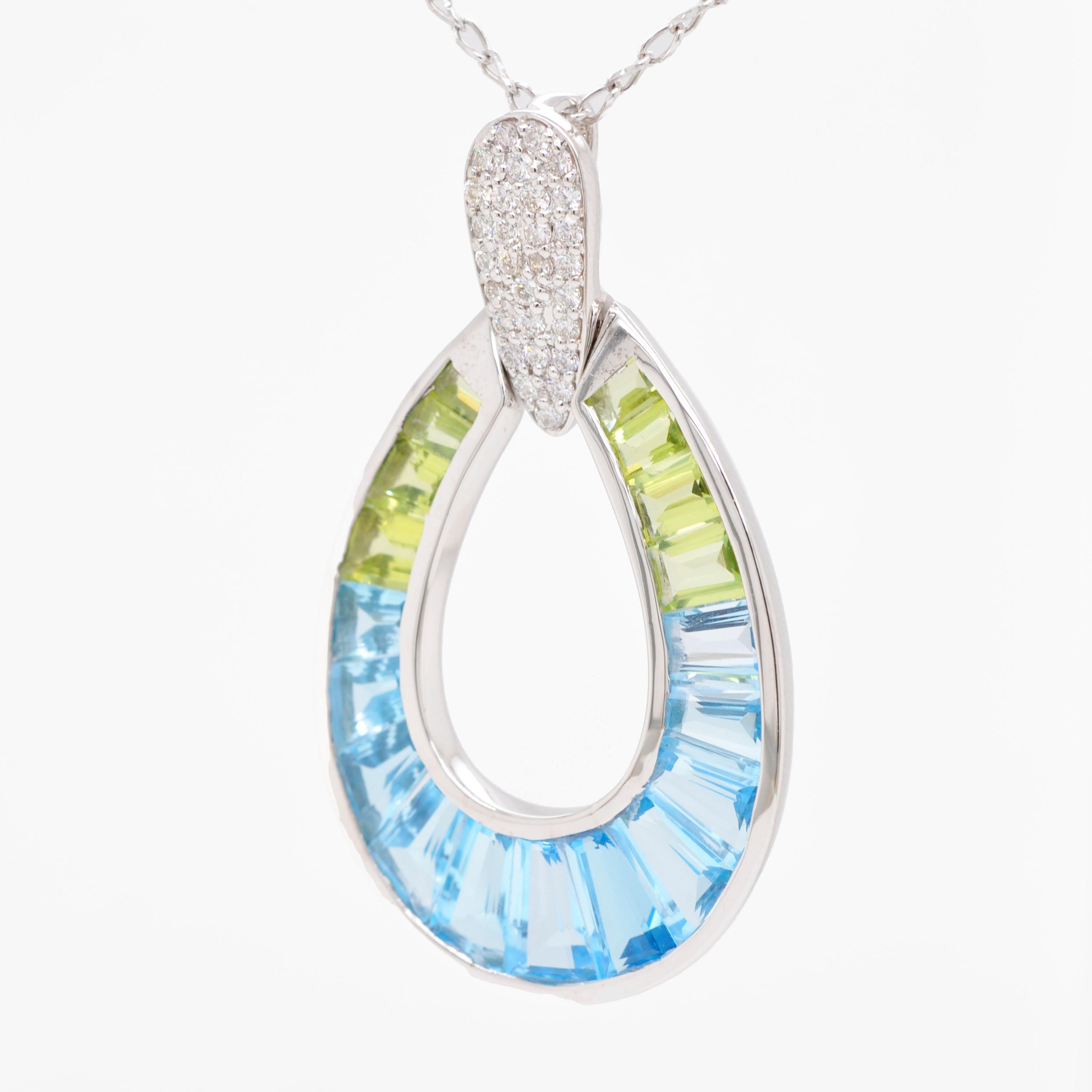 14K White Gold Handcrafted Custom Cut Peridot Blue Topaz Diamond Pendant Damen im Angebot