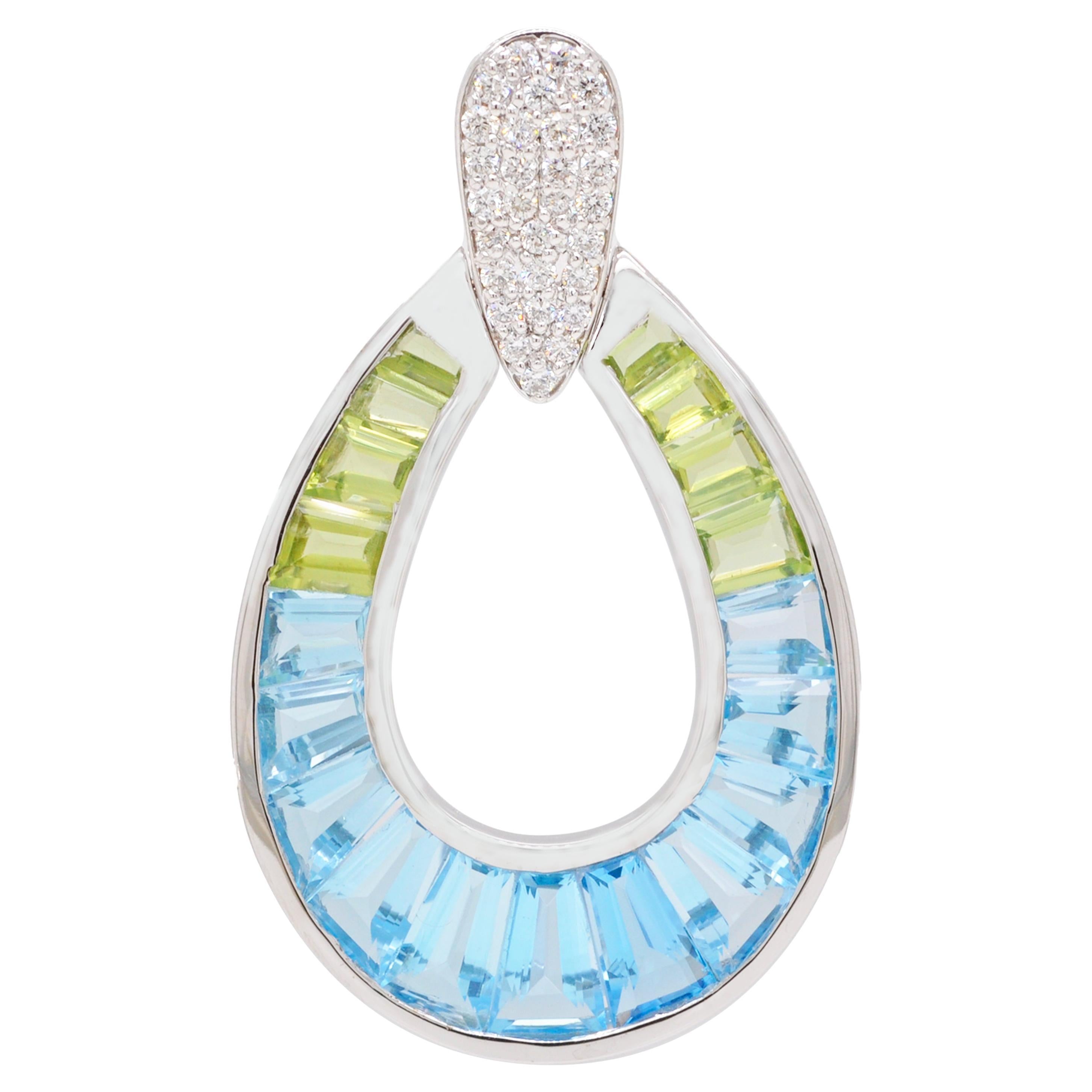 14K White Gold Handcrafted Custom Cut Peridot Blue Topaz Diamond Pendant