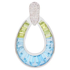 14K White Gold Handcrafted Custom Cut Peridot Blue Topaz Diamond Pendant