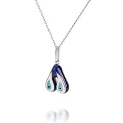 14K White Gold Handcrafting Blue Turquoise Enamel Initial A Evil Eye ID Pendant