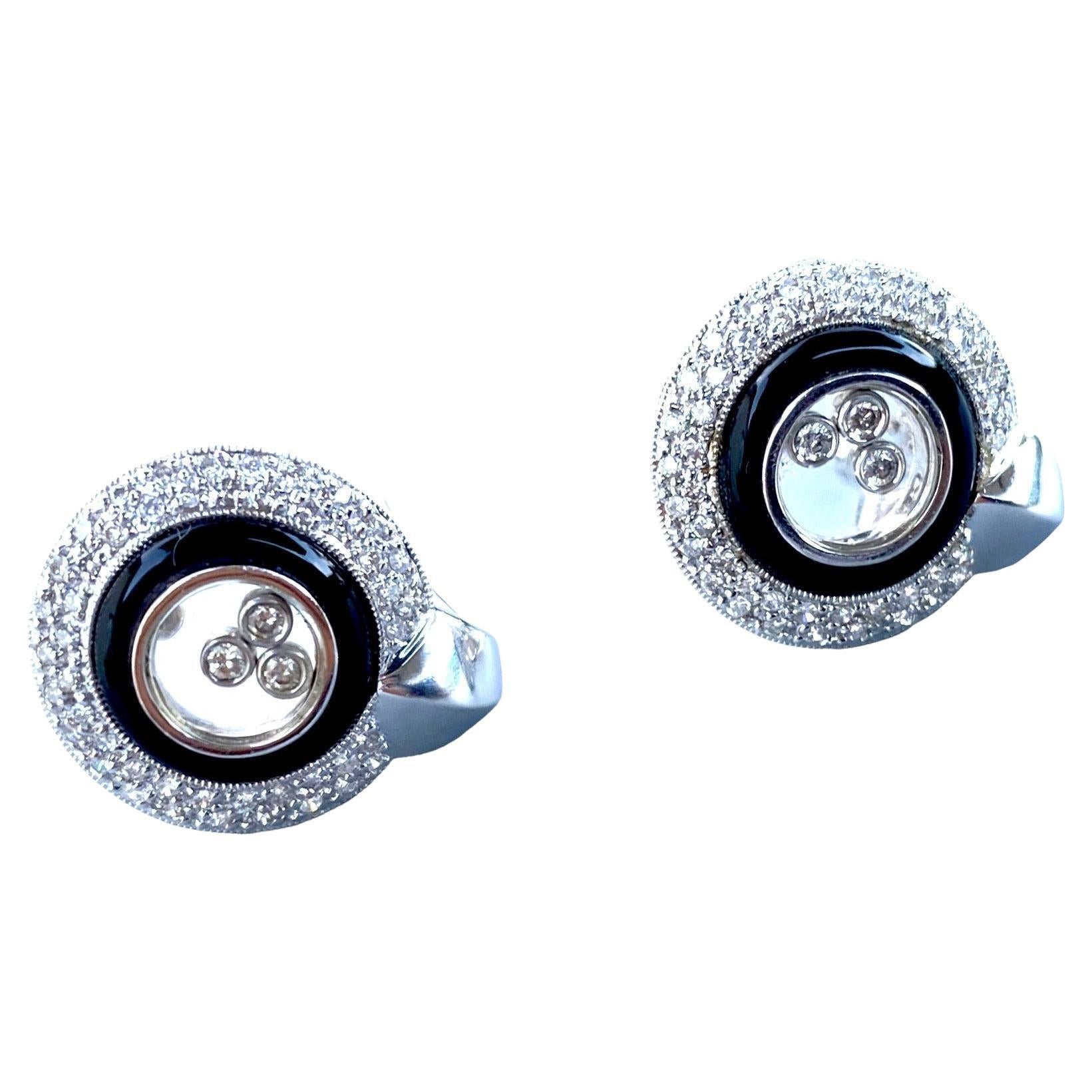 14K White Gold Happy Diamonds and Black Onyx Earrings .80 Carats