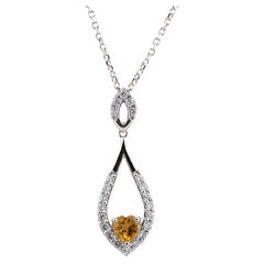 14K White Gold Heart Citrine & Diamond Pendant Necklace